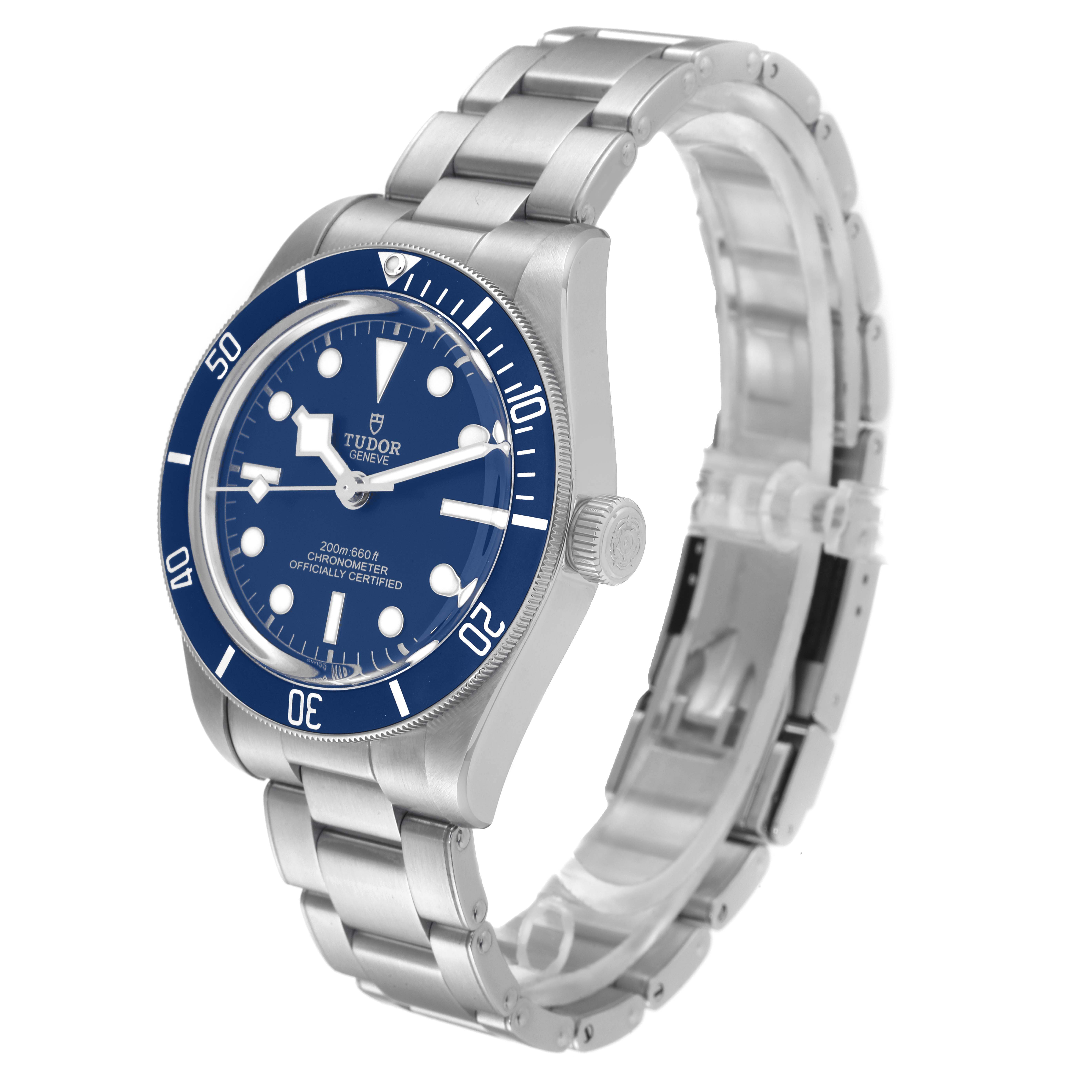 The image shows a Tudor Heritage Black Bay 79030B Men's Stainless Steel Blue Dial 79030B Men's Stainless Steel Blue Dial watch at a three-quarter angle, highlighting the blue dial, bezel, and stainless steel bracelet.