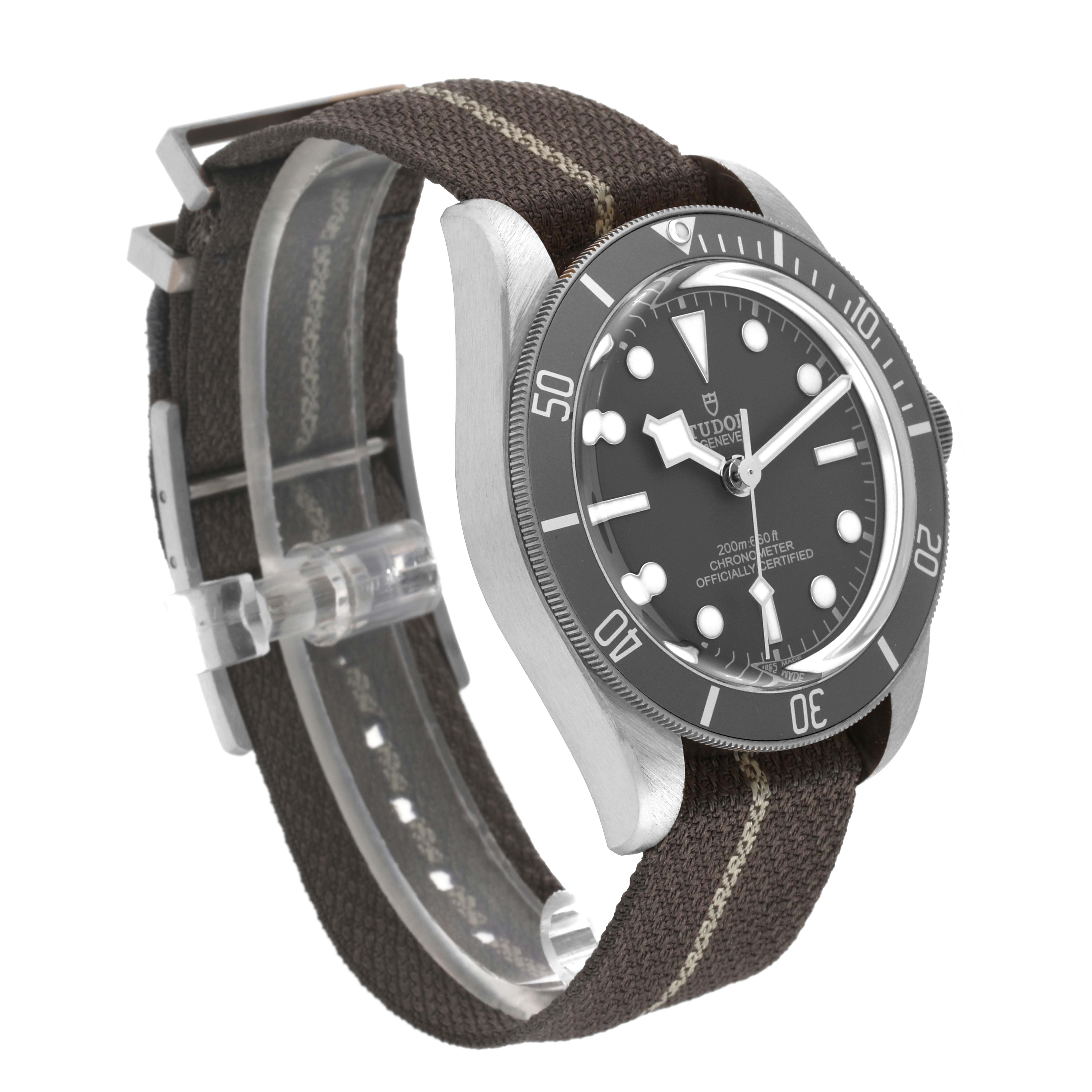 The image shows a Tudor Heritage Black Bay M79010SG-0002 Men's Stainless Steel Grey Dial M79010SG-0002 Men's Stainless Steel Grey Dial watch angled from the front-left, displaying the bezel, dial, and fabric strap.