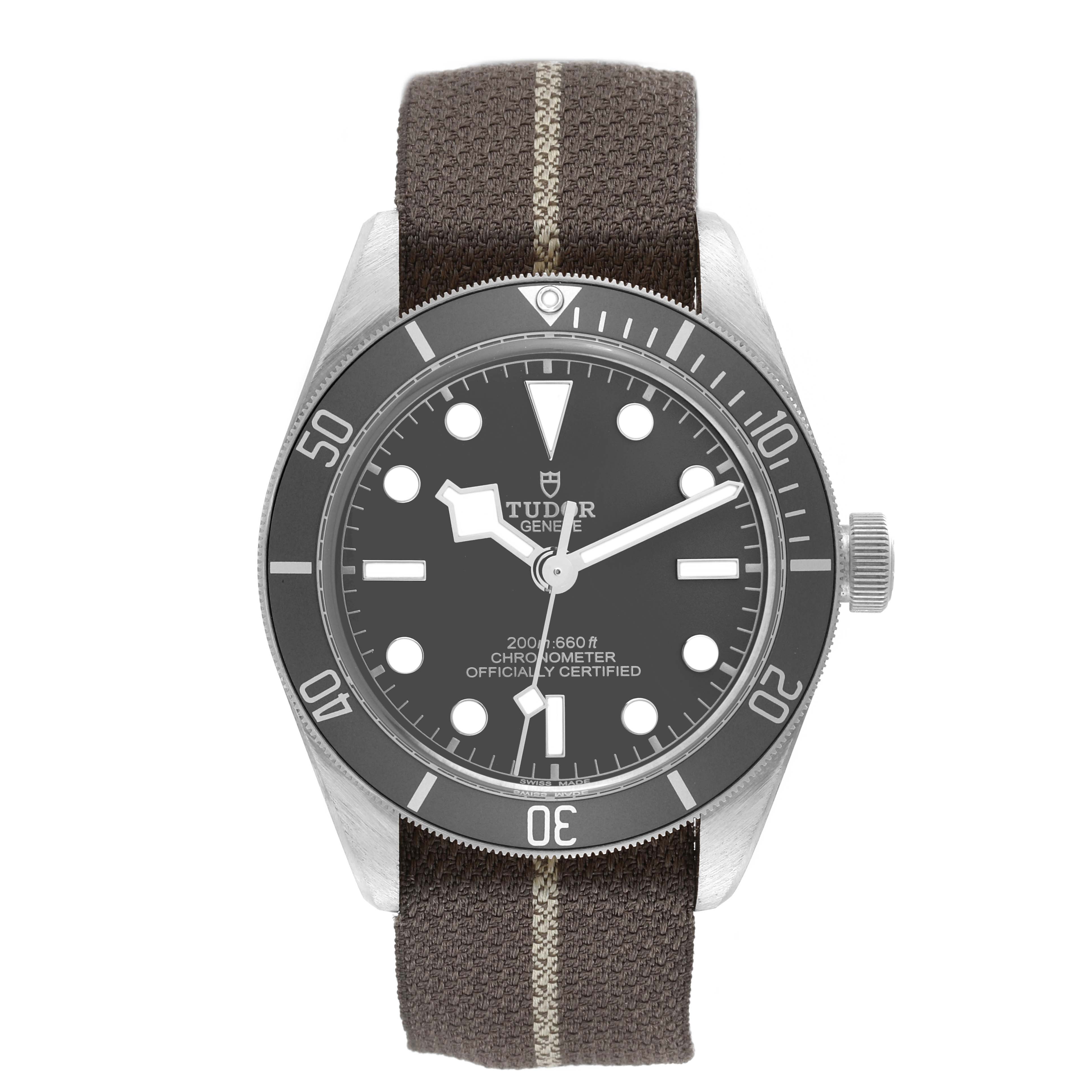 The Tudor Heritage Black Bay M79010SG-0002 Men's Stainless Steel Grey Dial M79010SG-0002 Men's Stainless Steel Grey Dial watch is shown from a top-down angle, highlighting the dial, bezel, and strap.