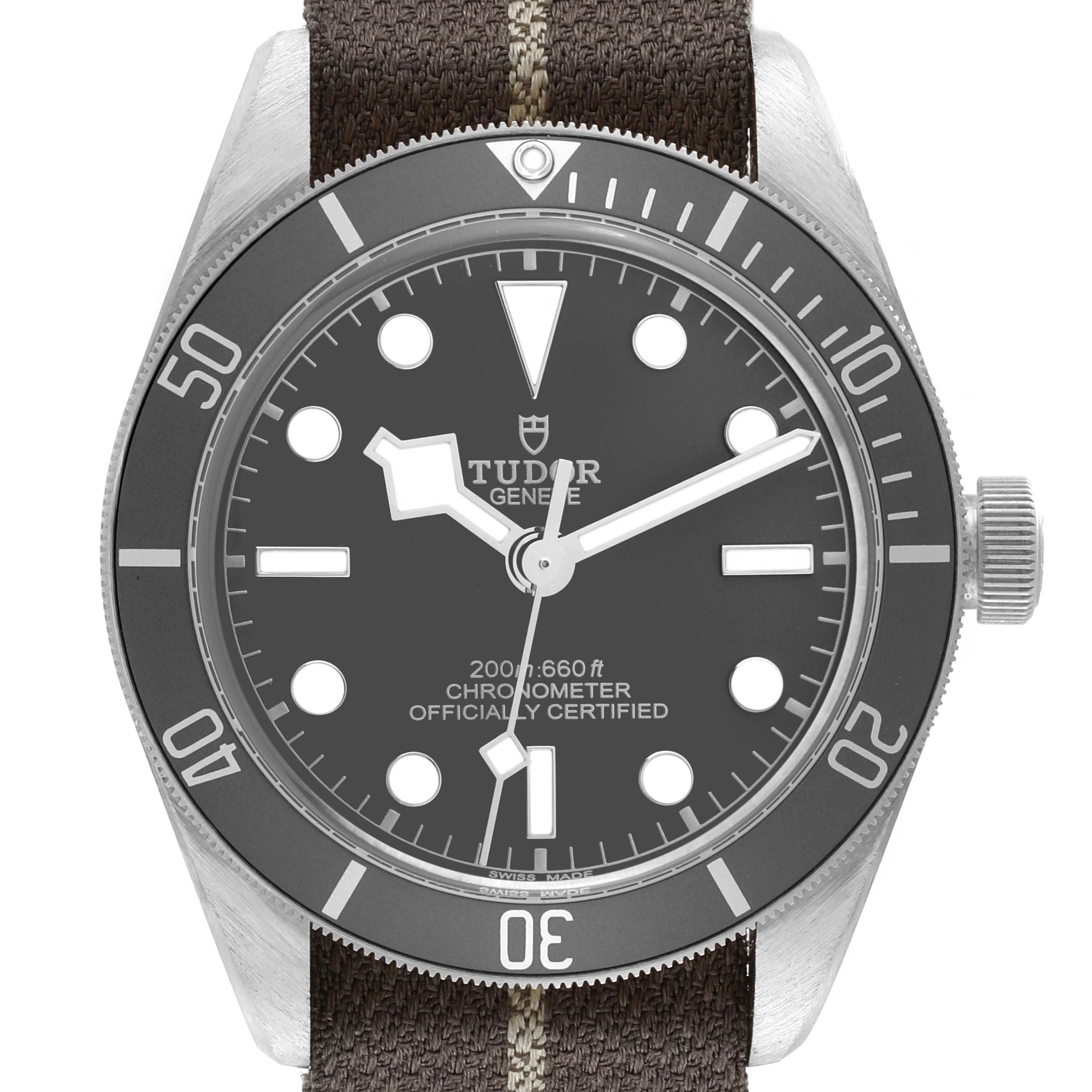 This image shows a front view of a Tudor Heritage Black Bay M79010SG-0002 Men's Stainless Steel Grey Dial M79010SG-0002 Men's Stainless Steel Grey Dial watch, displaying the dial, bezel, crown, and part of the strap.