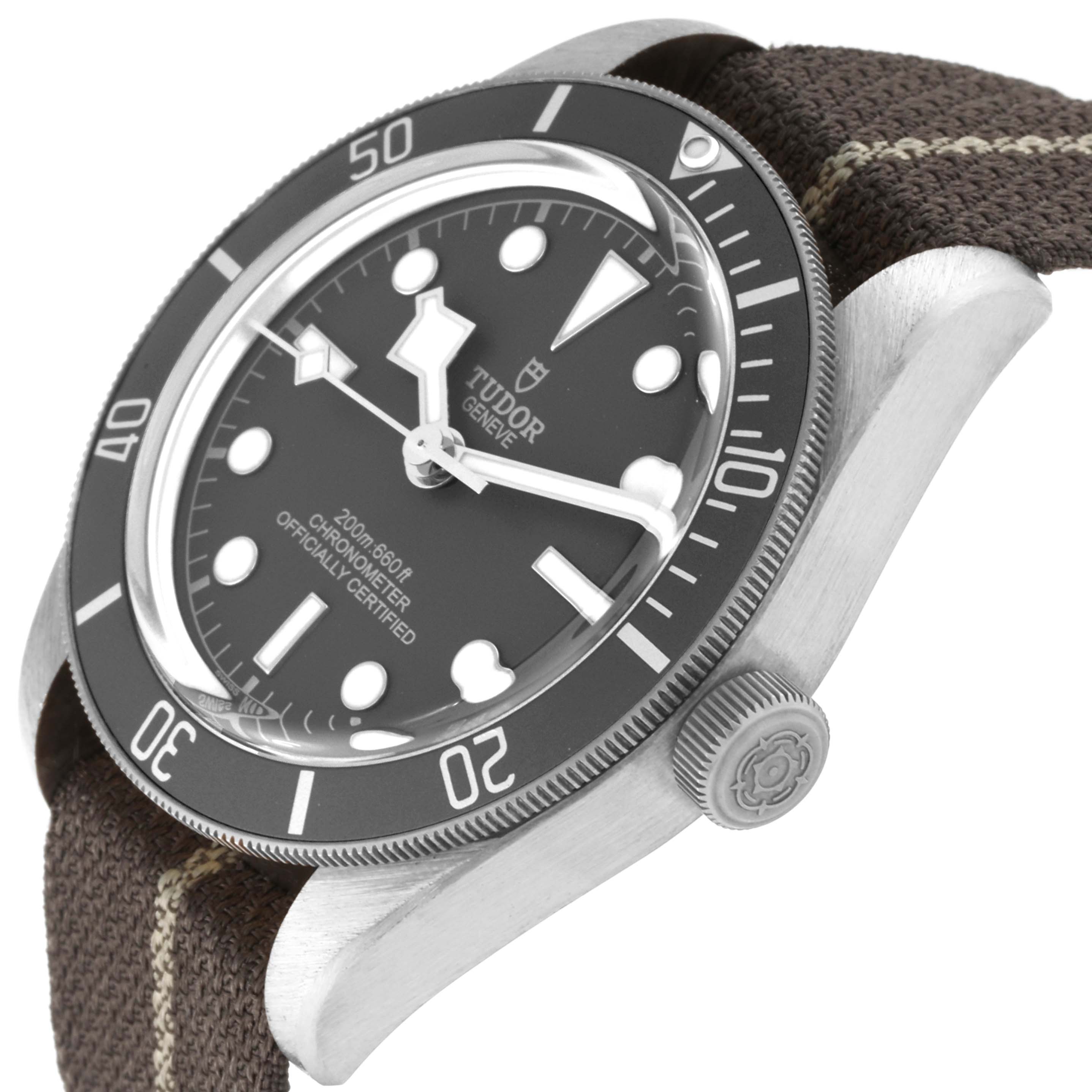 The image shows a side angle of the Tudor Heritage Black Bay M79010SG-0002 Men's Stainless Steel Grey Dial M79010SG-0002 Men's Stainless Steel Grey Dial watch, featuring the bezel, dial, and crown.