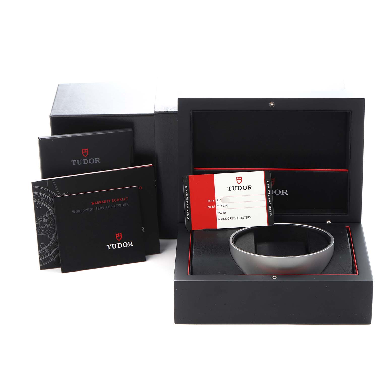 The image shows the Tudor Heritage Chrono model 70330N-65740 packaging, including the box, warranty booklet, and tag, but not the watch itself.