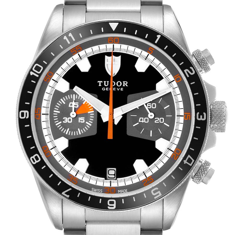 The image shows a front view of the Tudor Heritage Chrono watch, model number 70330N-65740, focusing on the dial, bezel, and side pushers.