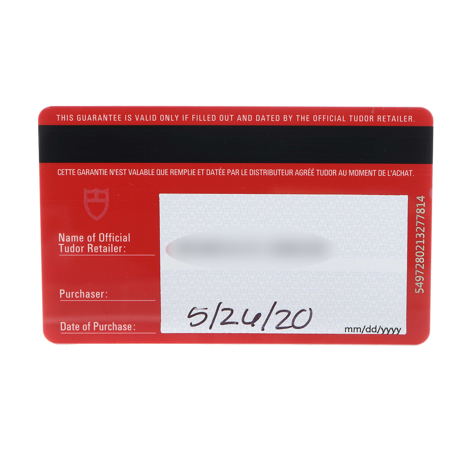 This is a warranty card for the Tudor Heritage Chrono model 70330N-65740, showing retailer information and purchase date.