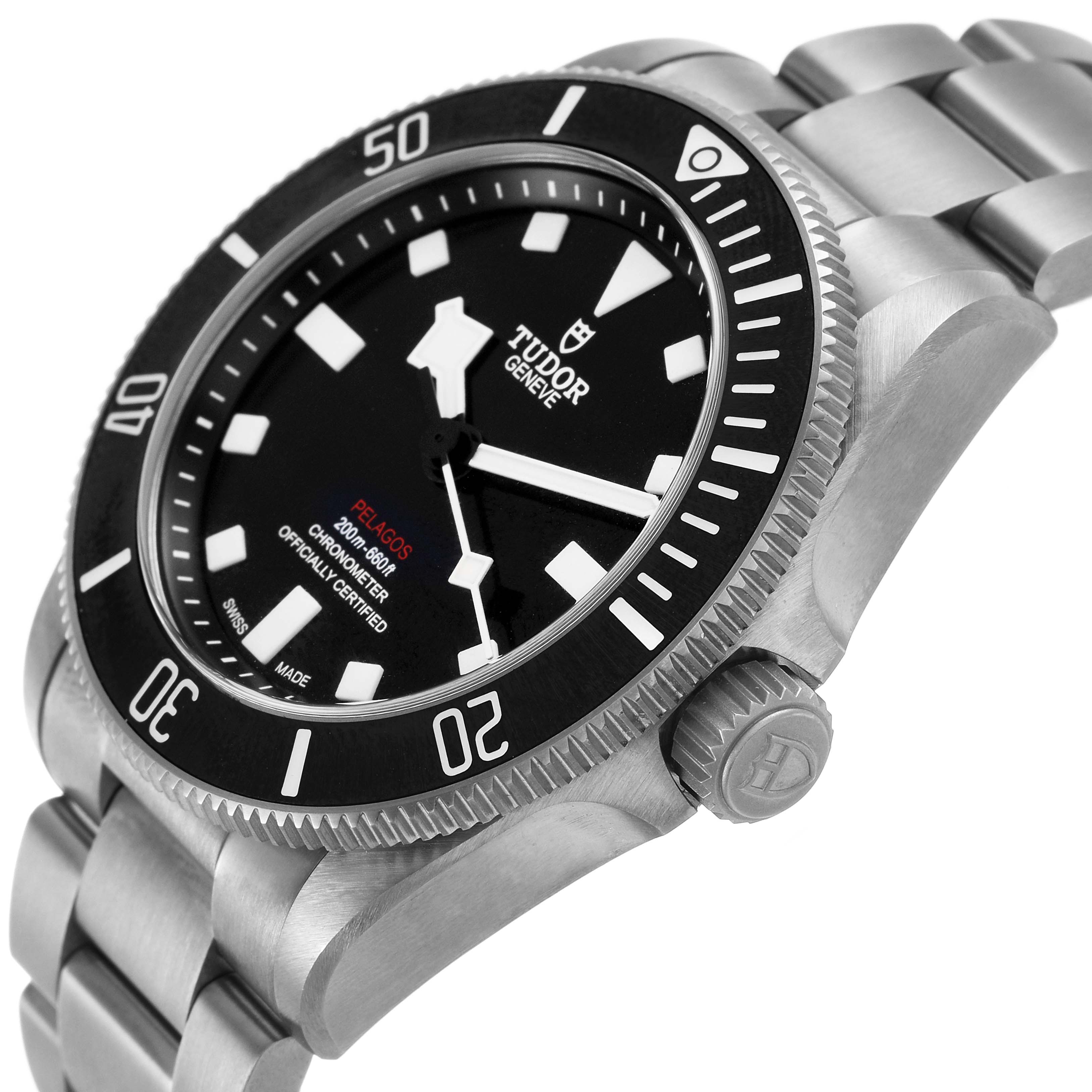 The Tudor Pelagos M25407N Men's Titanium Black Dial watch is shown from a side angle, highlighting its bezel, crown, and bracelet detail.