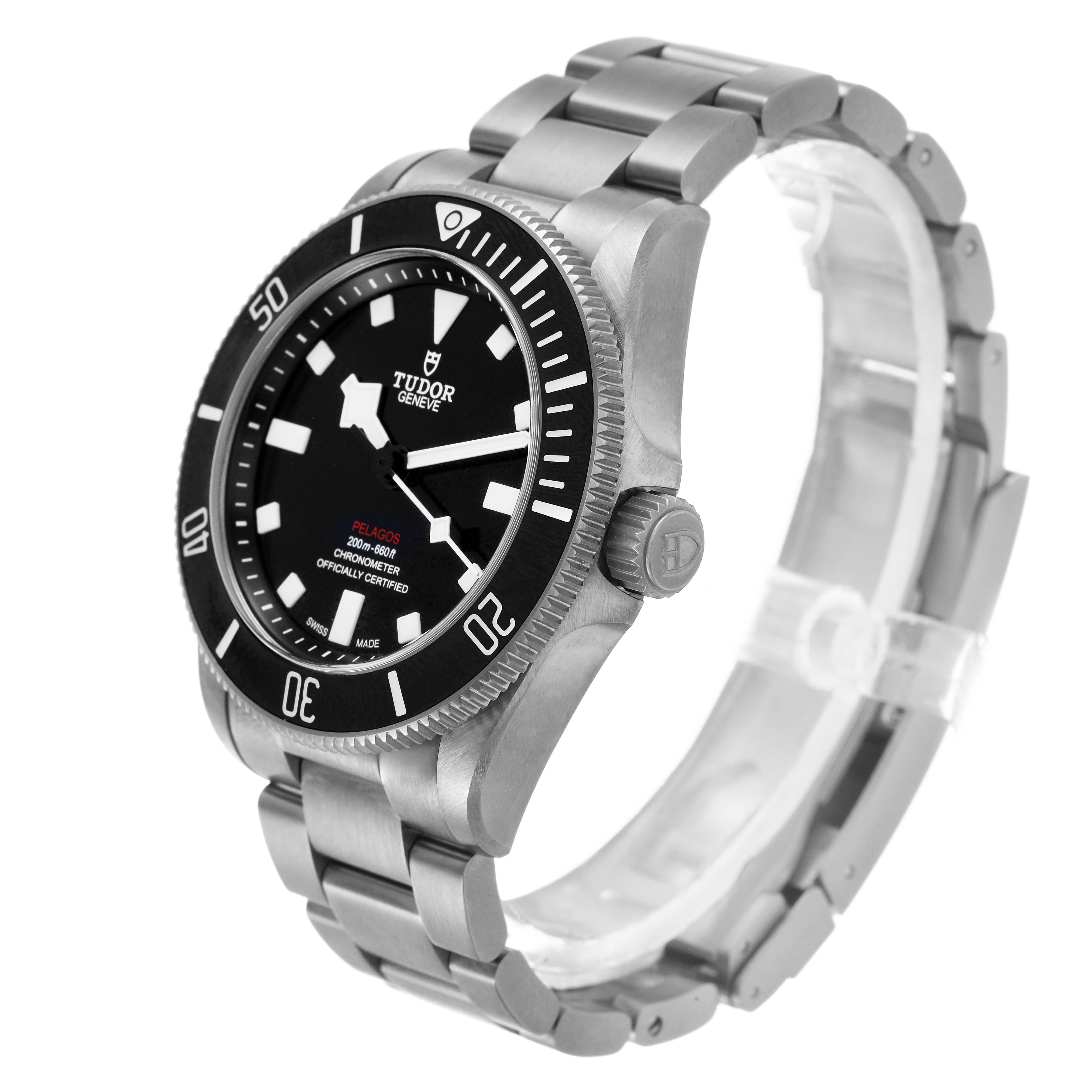 The Tudor Pelagos M25407N Men's Titanium Black Dial watch is shown at an angled side view, highlighting the bezel, dial, crown, and band.