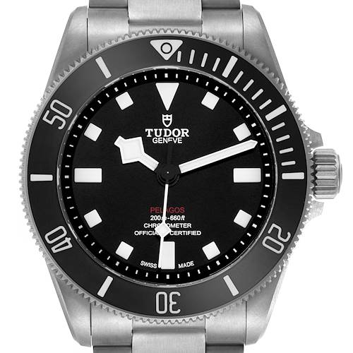 The Tudor Pelagos M25407N Men's Titanium Black Dial watch is shown from the front, displaying its dial, bezel, and part of the bracelet.