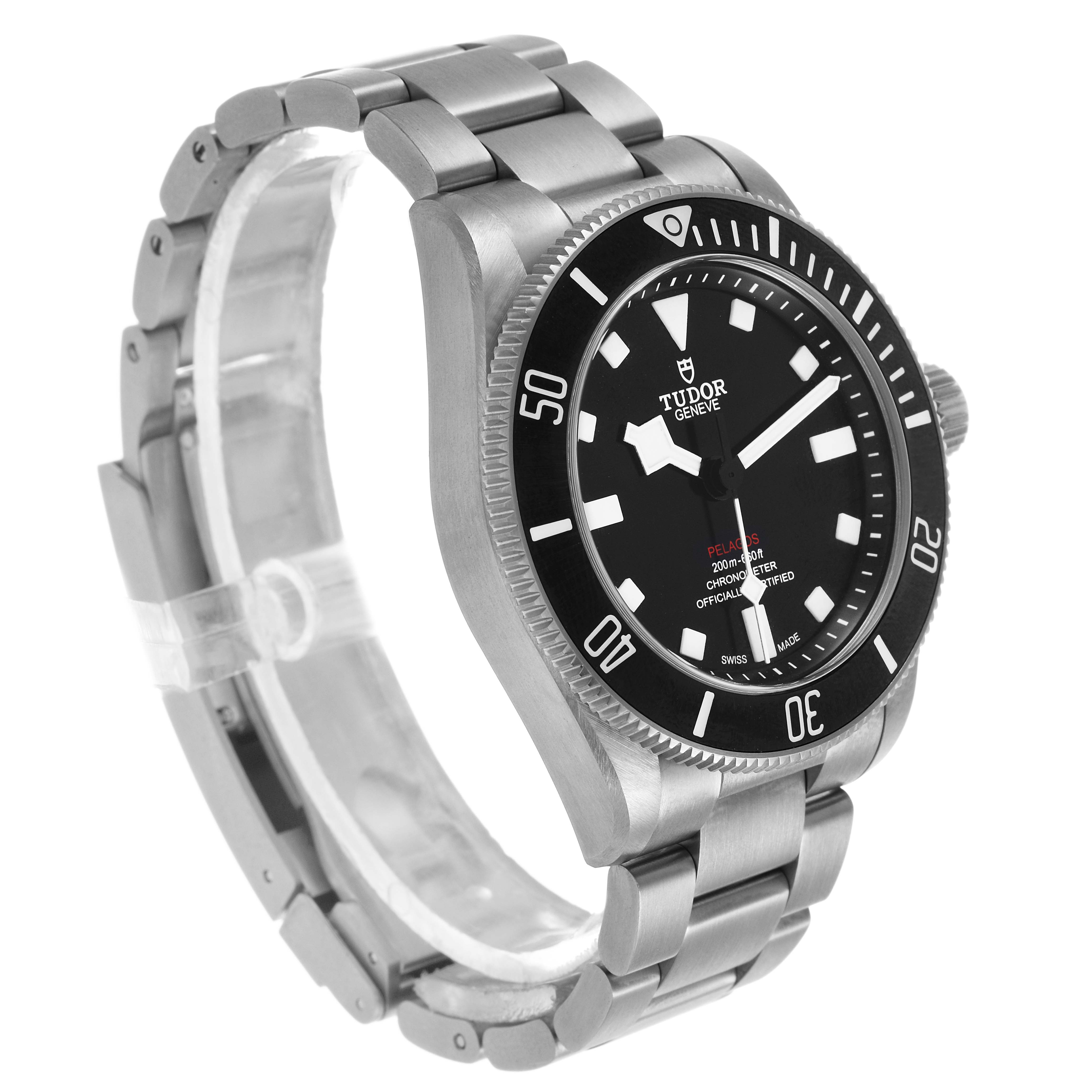 The Tudor Pelagos M25407N Men's Titanium Black Dial watch is shown at a three-quarters angle, highlighting the face, bezel, and part of the metal bracelet.