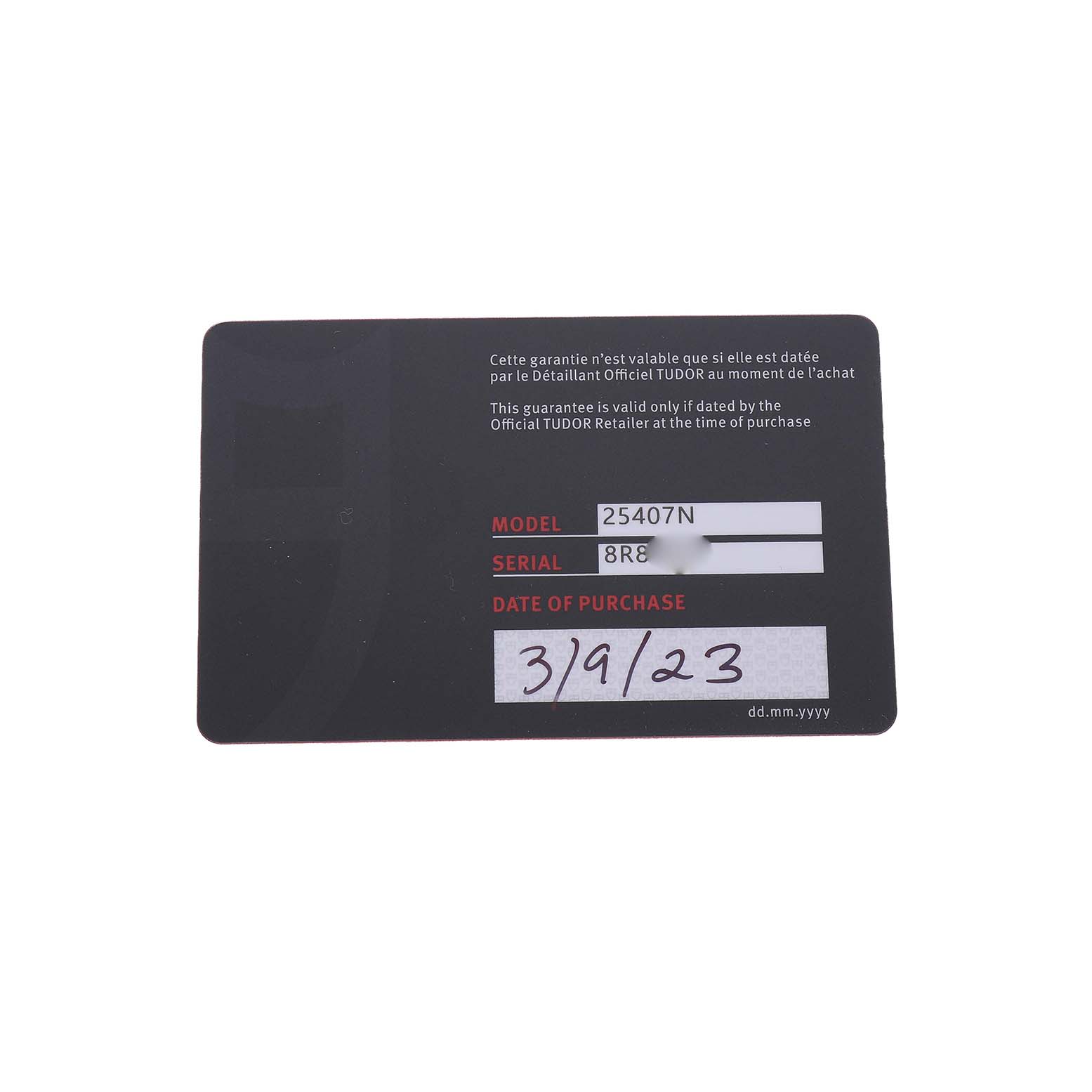 The image shows a warranty card for the Tudor Pelagos M25407N Men's Titanium Black Dial watch model.