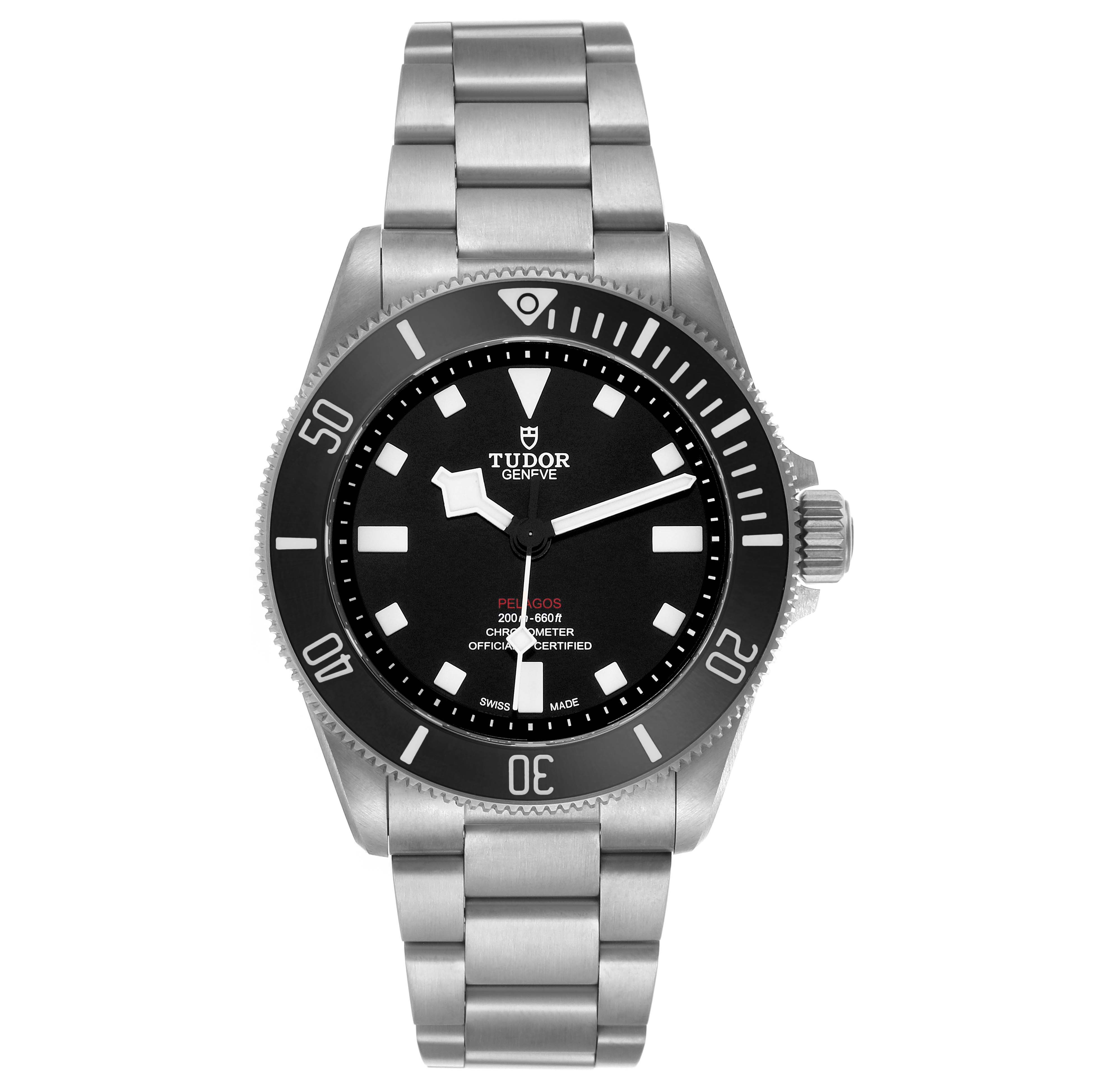 The Tudor Pelagos M25407N Men's Titanium Black Dial watch is shown from a front angle, highlighting the dial, bezel, bracelet, and crown.