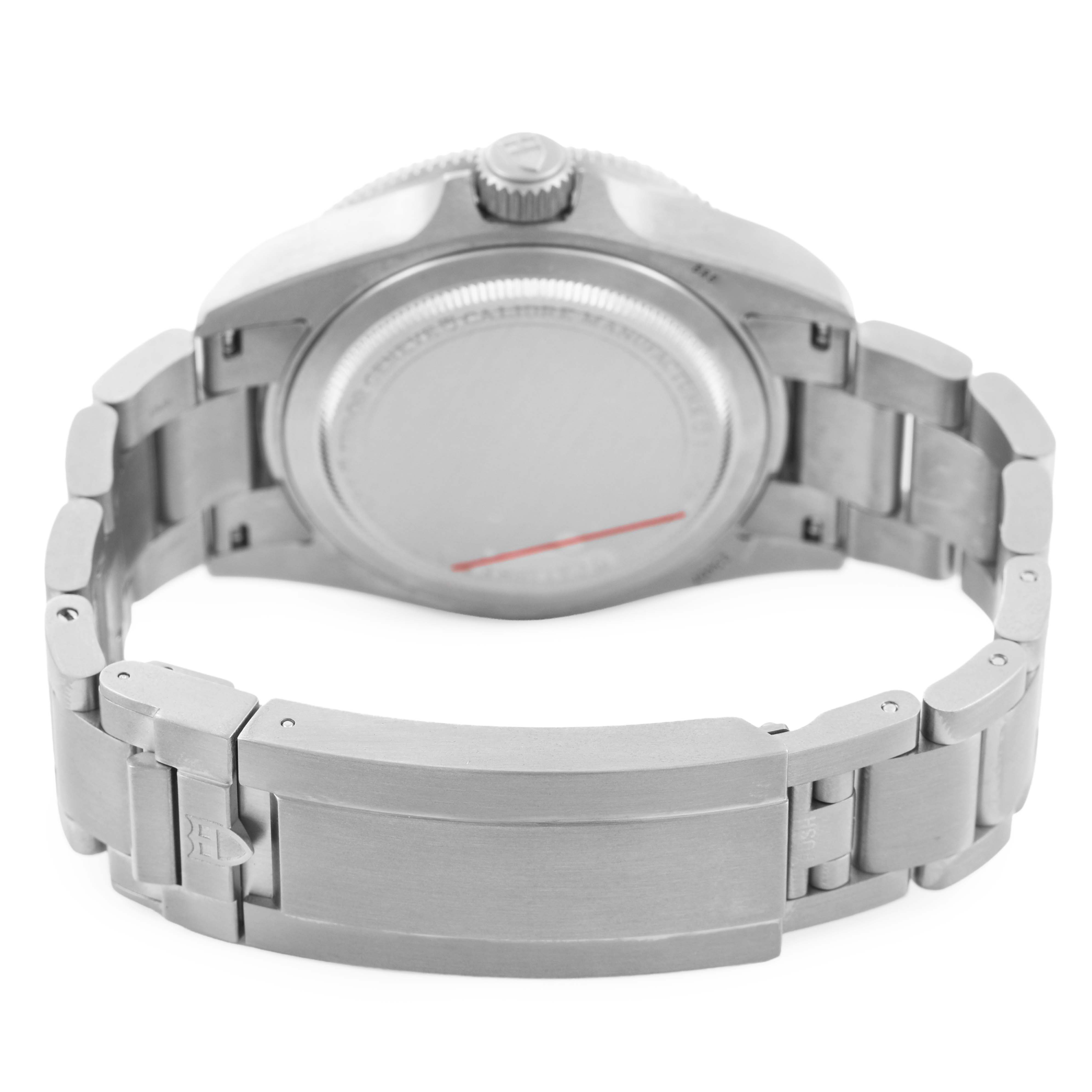 The image shows the back view of a Tudor Pelagos M25407N Men's Titanium Black Dial watch, highlighting the bracelet and clasp.