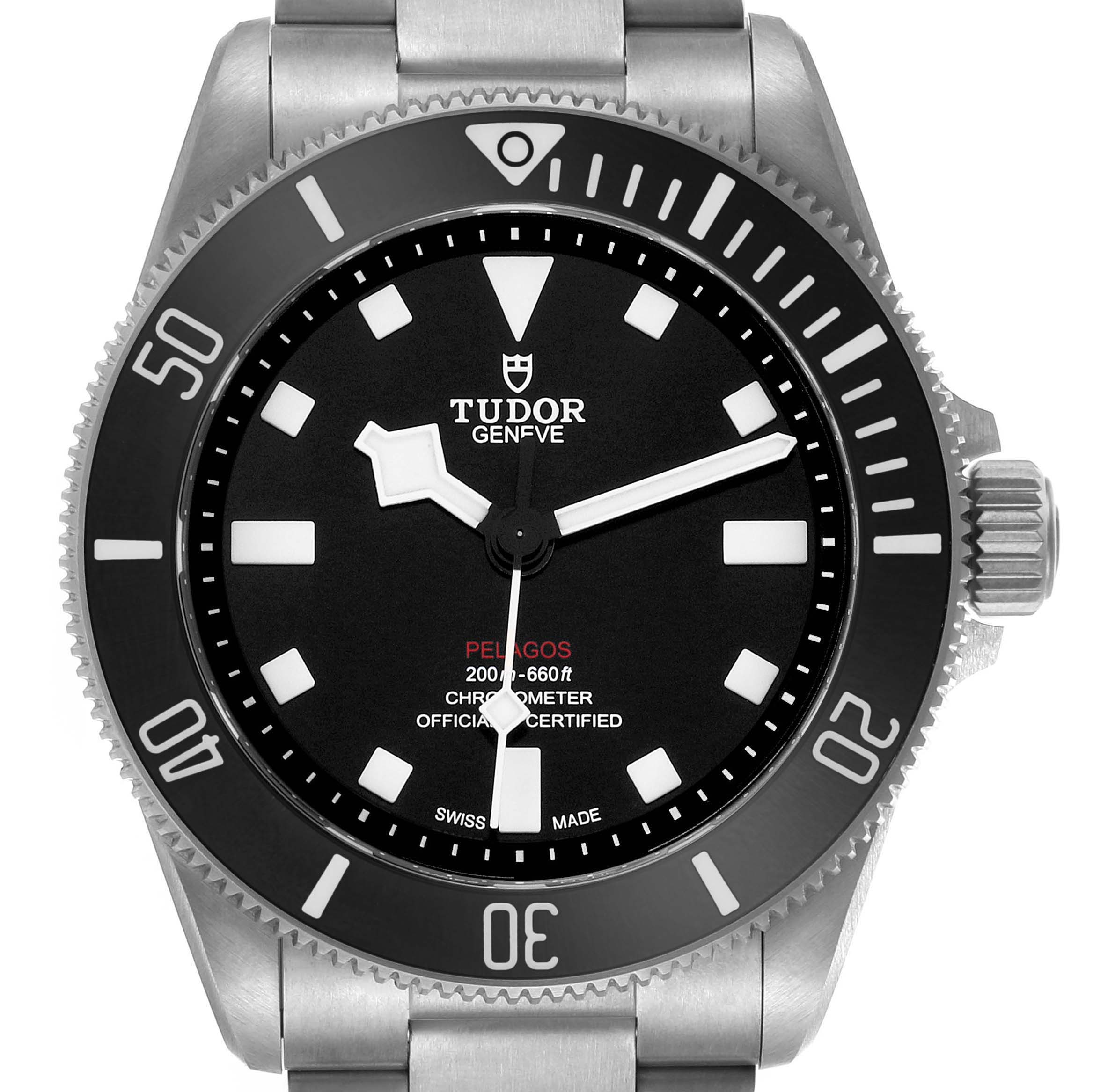 The image shows a front view of the Tudor Pelagos M25407N Men's Titanium Black Dial watch, highlighting the dial, bezel, crown, and part of the bracelet.