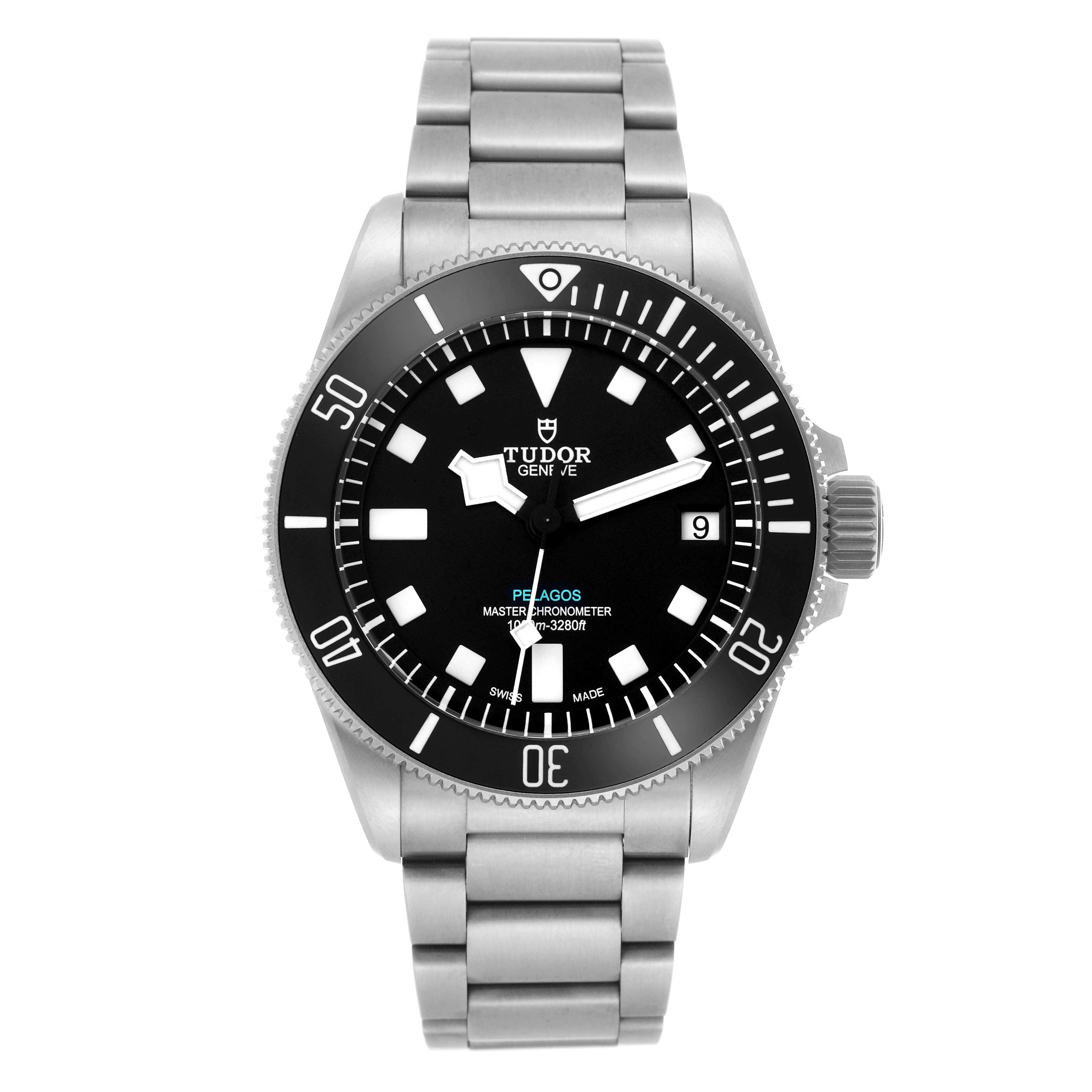 The image shows the Tudor Pelagos model M2543C1A7NU-0001 men's watch from a front angle, highlighting the bezel, dial, hands, and bracelet.