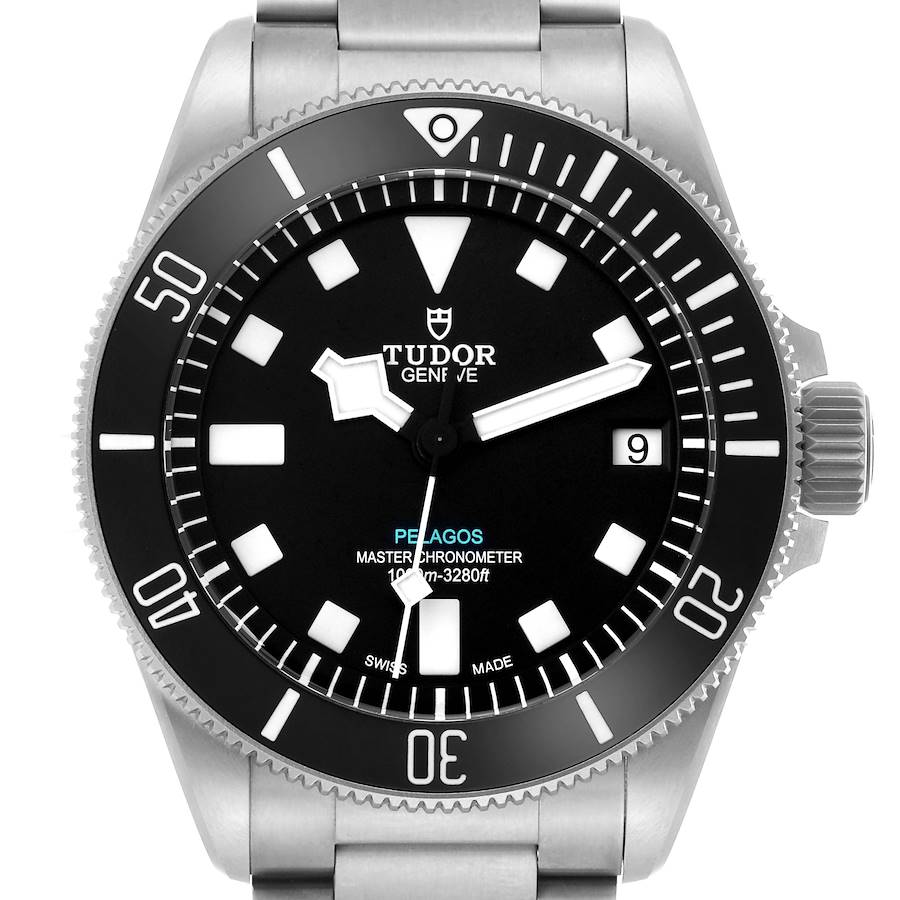 The Tudor Pelagos M2543C1A7NU-0001 watch is shown from the front, displaying the dial, bezel, crown, and part of the bracelet.