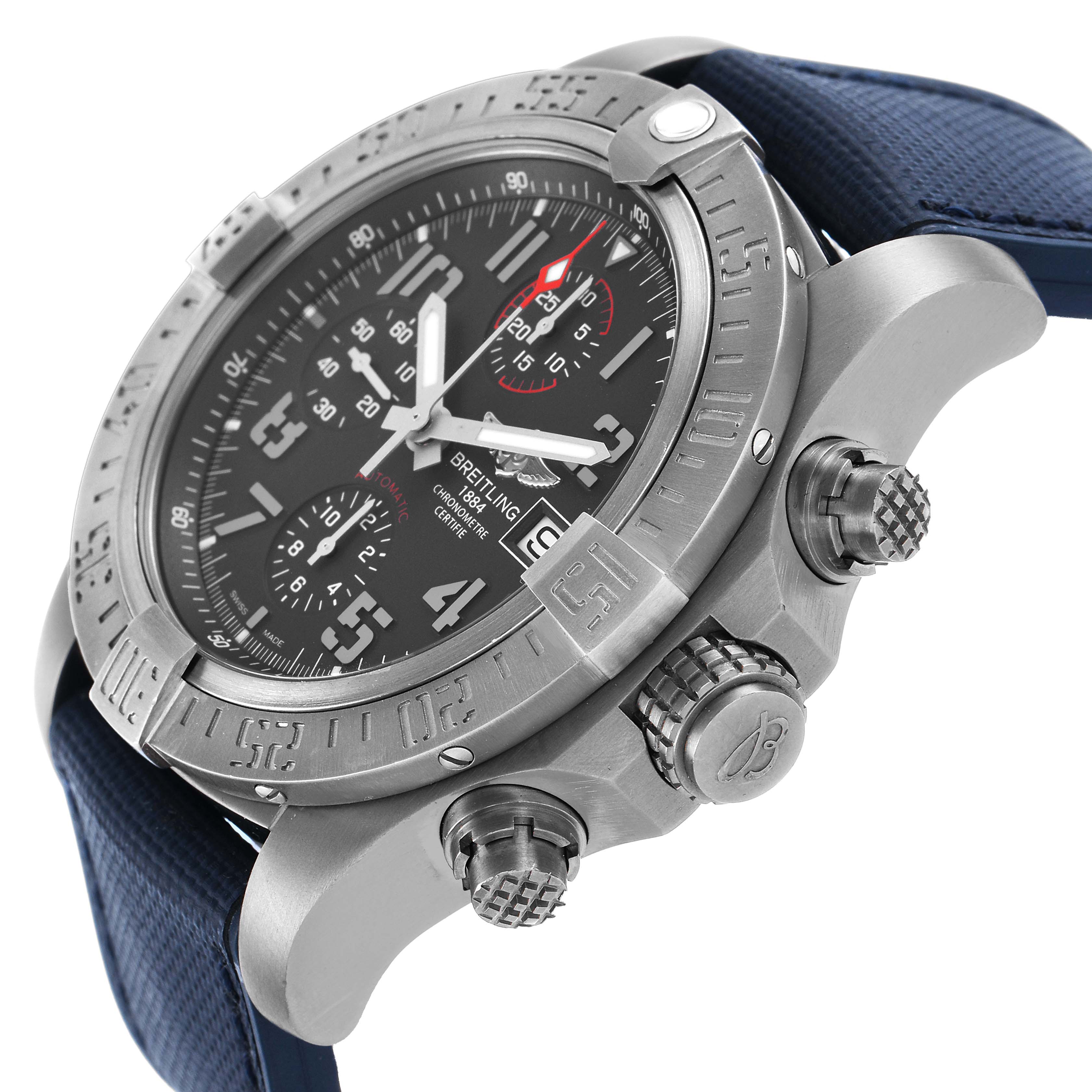 The Breitling Avenger E1338310/M536-109W Men's Titanium Grey Dial watch is shown at an angled side view, highlighting the bezel, crown, pushers, and part of the strap.