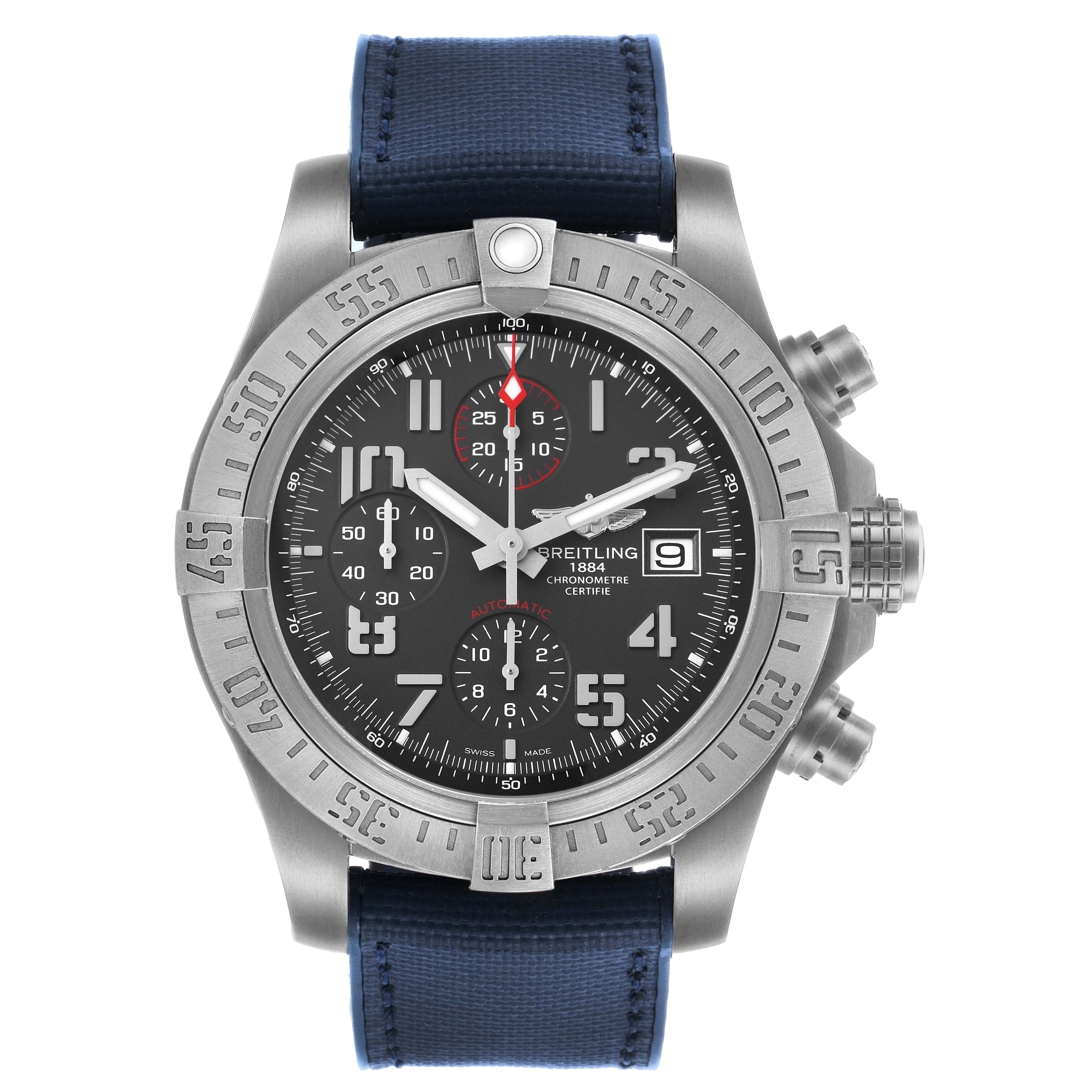 The Breitling Avenger E1338310/M536-109W Men's Titanium Grey Dial watch is shown from a top view, displaying its bezel, dial, chronograph subdials, and blue strap.