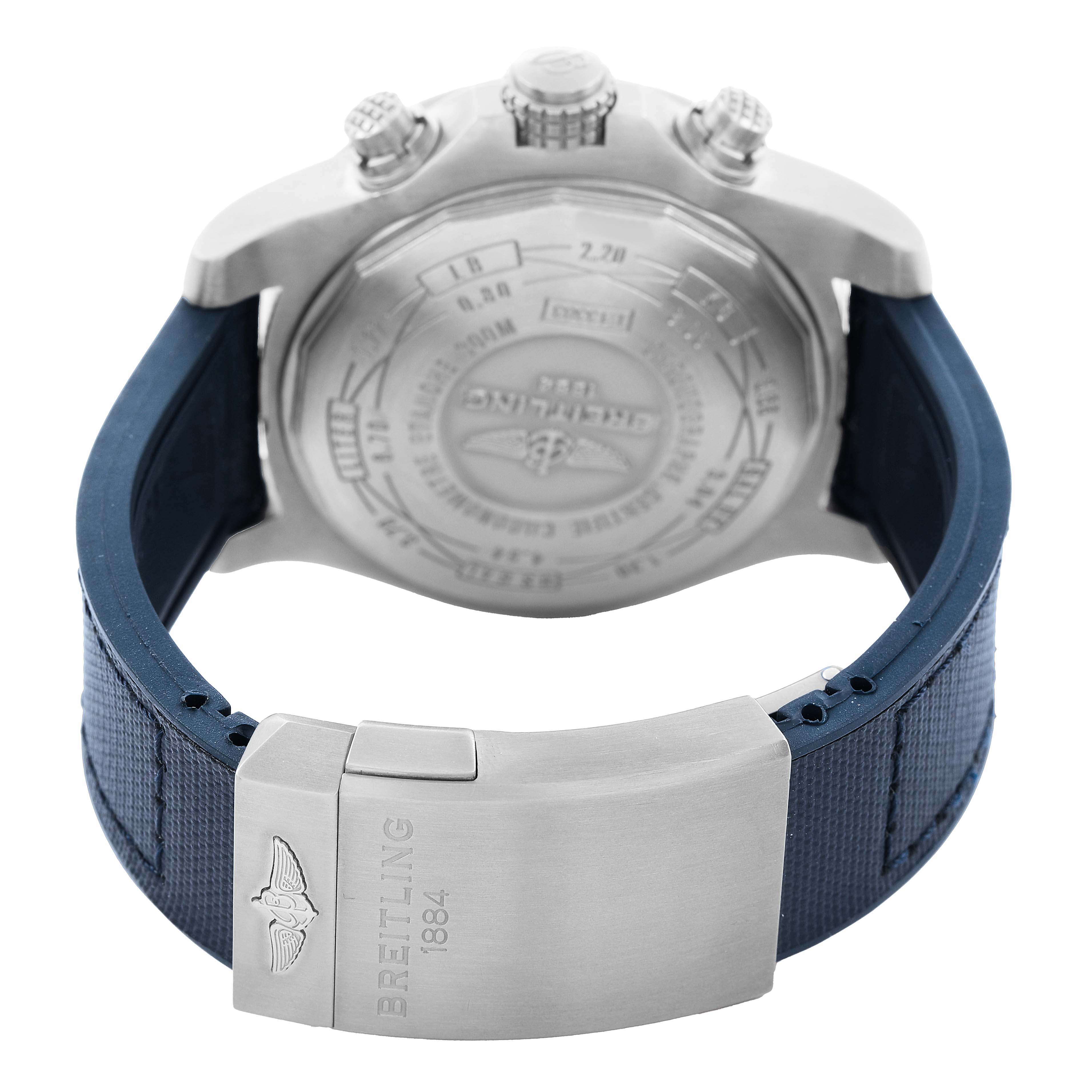 The image shows the back and clasp of a Breitling Avenger E1338310/M536-109W Men's Titanium Grey Dial with a blue strap and stainless steel detailing.