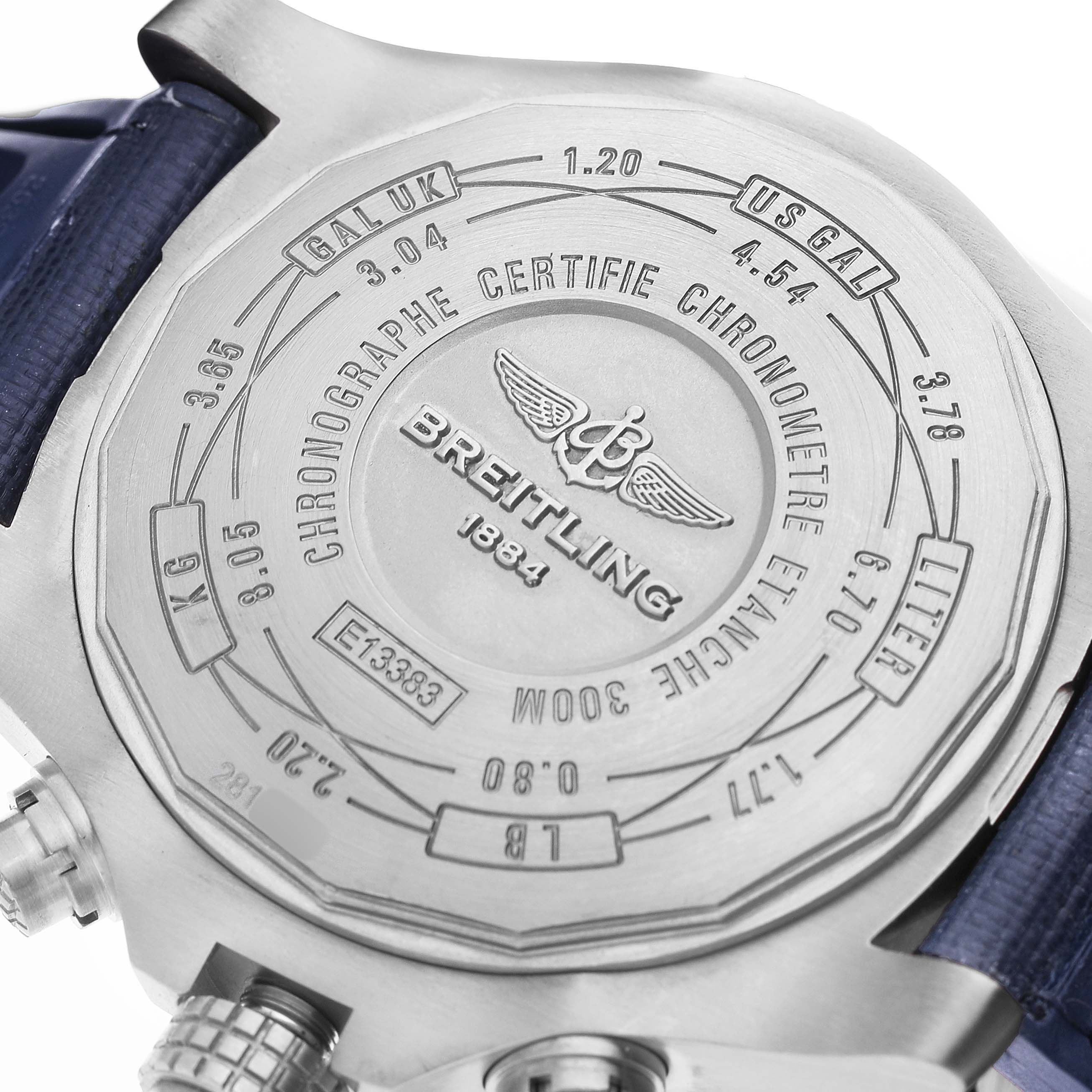 The image shows the back case of the Breitling Avenger E1338310/M536-109W Men's Titanium Grey Dial watch, displaying engravings and the brand logo.