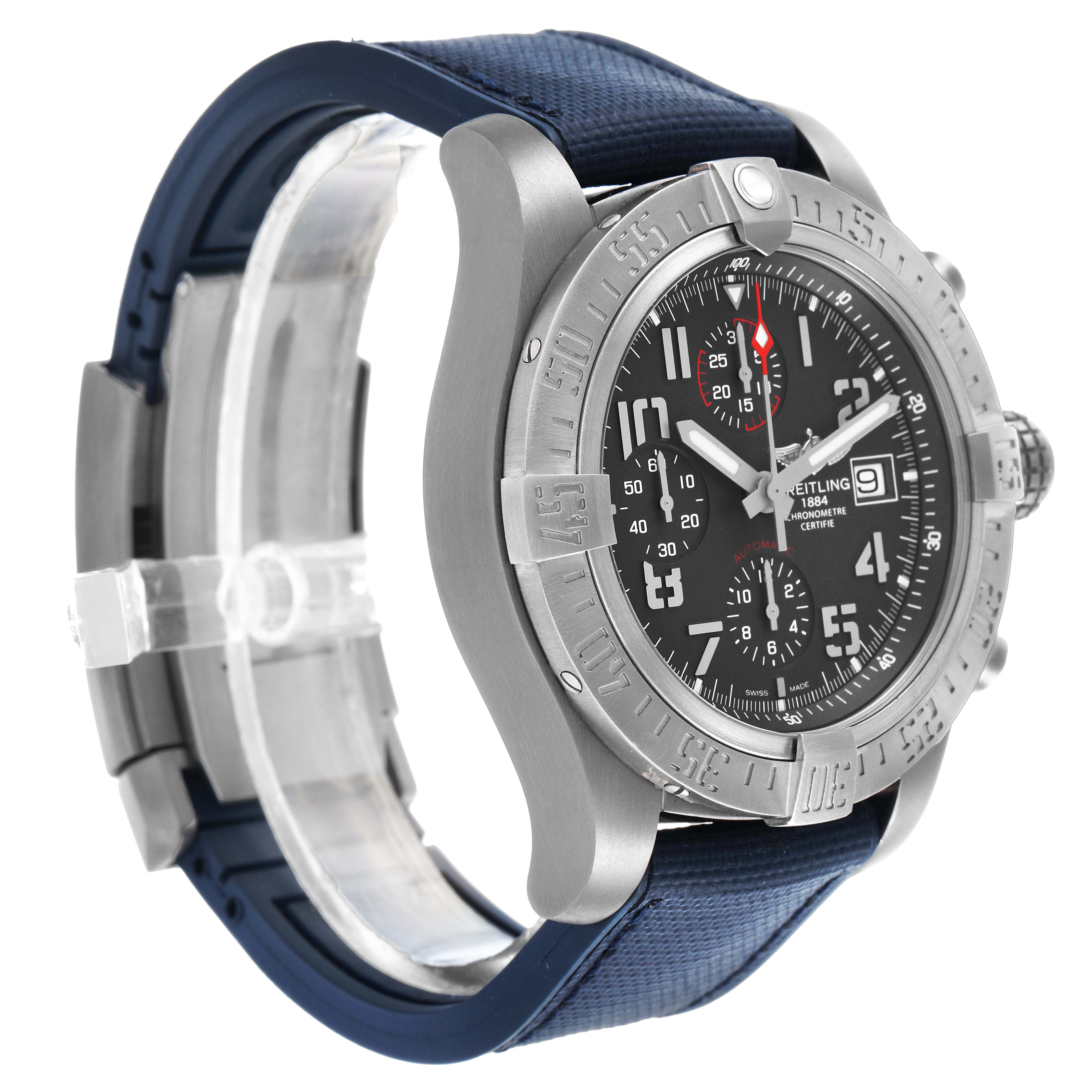 The Breitling Avenger E1338310/M536-109W Men's Titanium Grey Dial watch is shown from a side angle, displaying the dial, bezel, crown, and part of the strap.