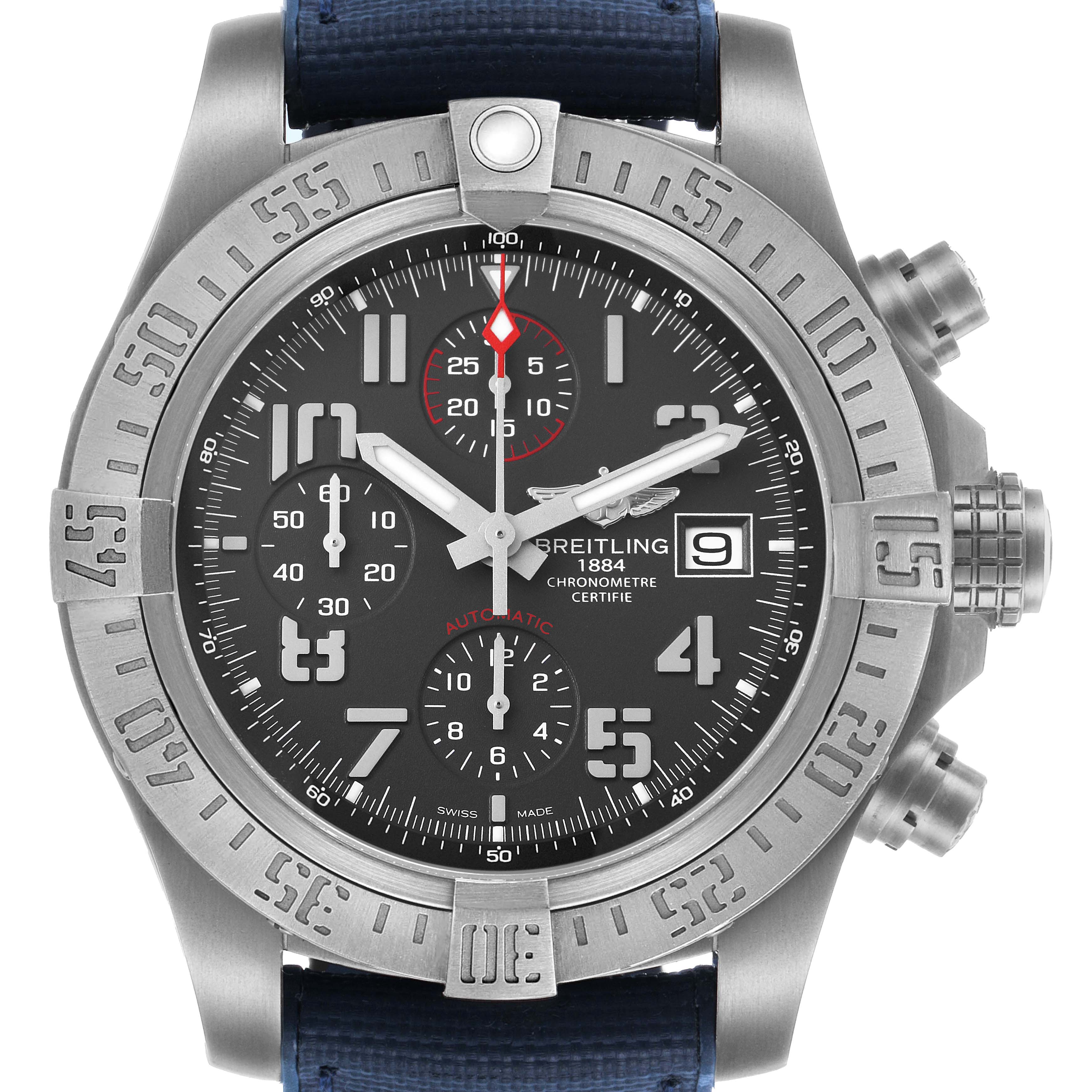 The Breitling Avenger E1338310/M536-109W Men's Titanium Grey Dial watch is shown from a front angle, displaying the full dial, bezel, and chronograph pushers.