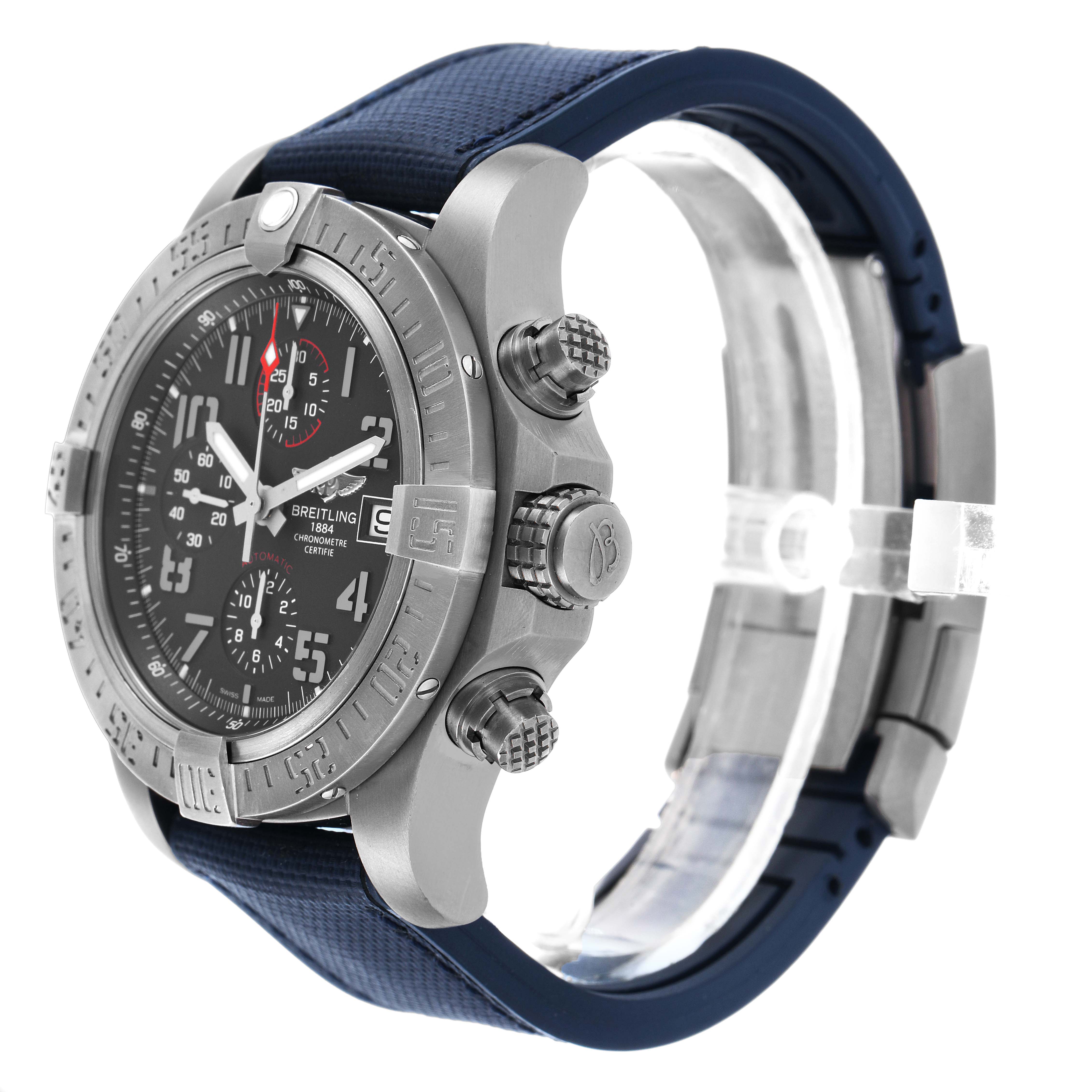 The Breitling Avenger E1338310/M536-109W Men's Titanium Grey Dial watch is shown at an angled side view, highlighting the bezel, crown, pushers, and strap.