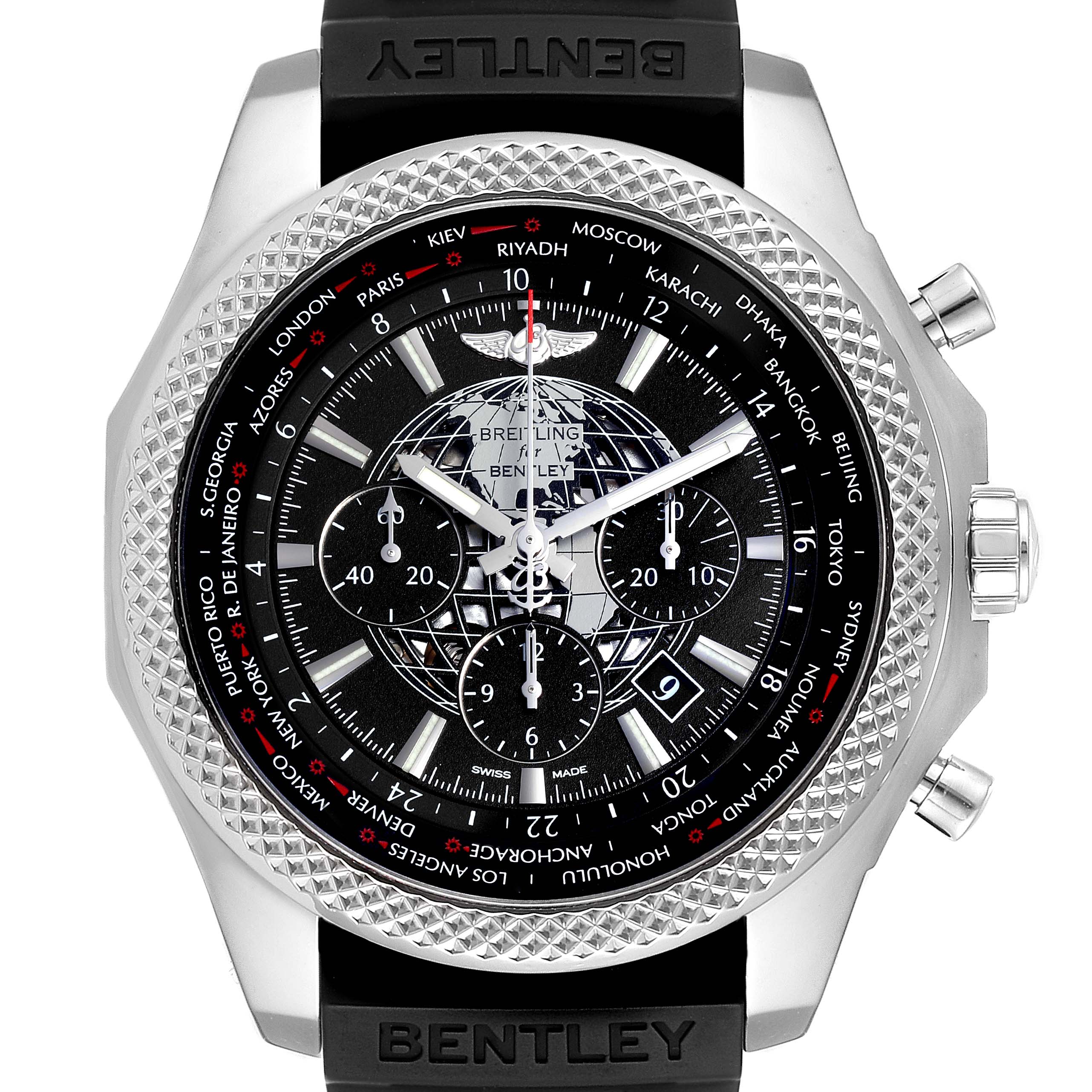 The image shows a frontal view of a Bentley model Breitling watch, highlighting the dial, bezel, and part of the rubber strap.