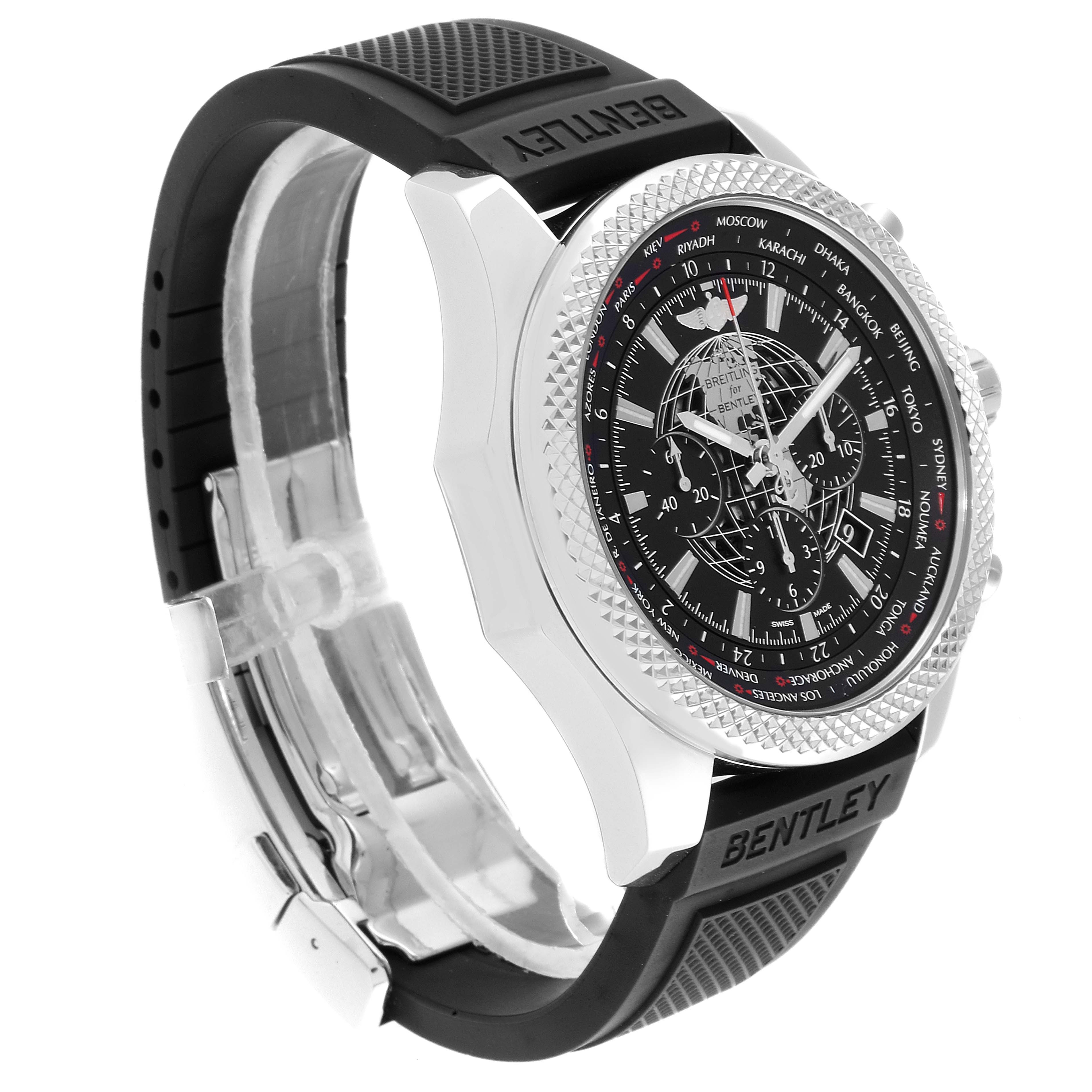 The Breitling Bentley AB0521U4/BC65-155S Men's Stainless Steel Black Dial AB0521U4/BC65-155S Men's Stainless Steel Black Dial watch is shown at a slight angle displaying the face, bezel, case, and part of the strap.