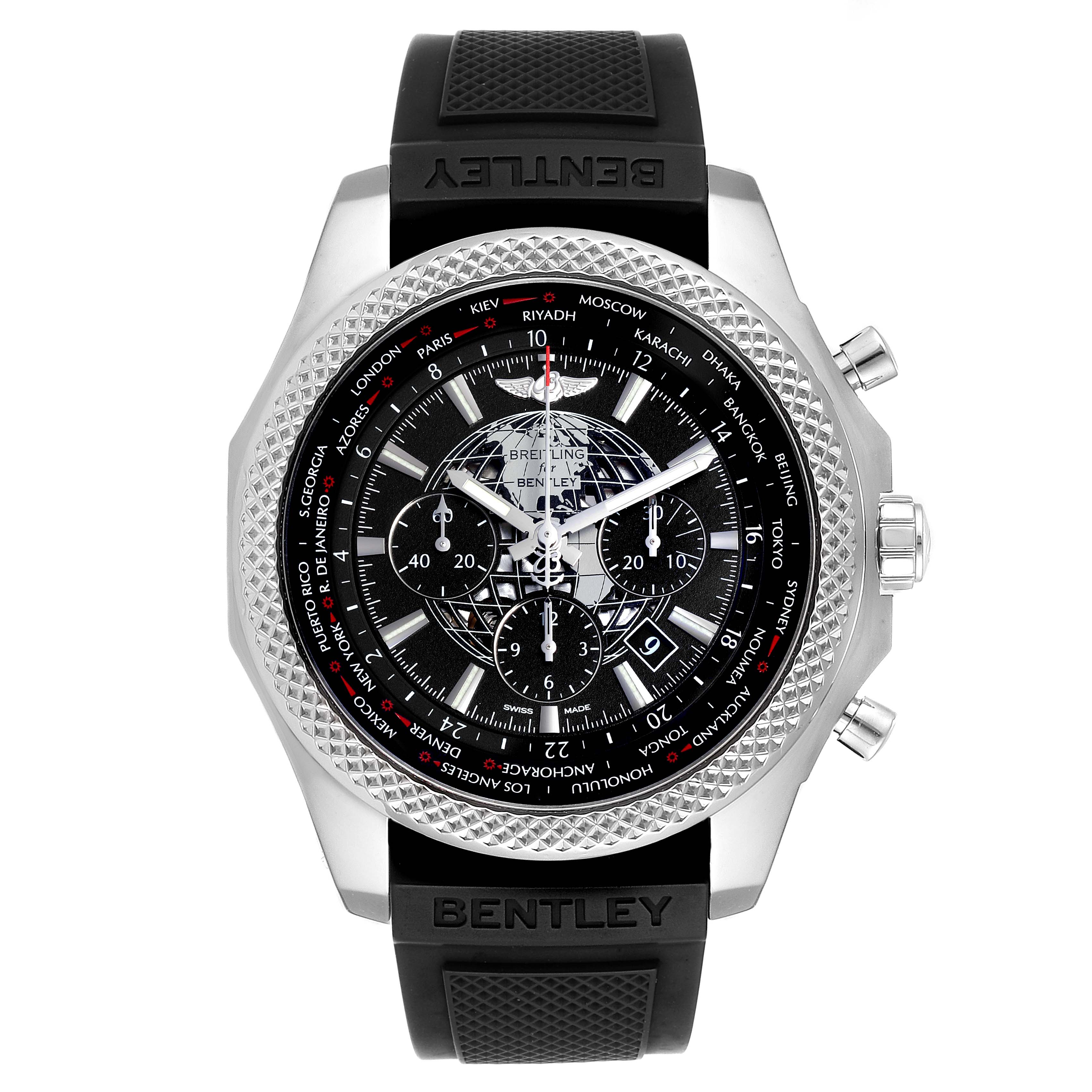 The Breitling Bentley AB0521U4/BC65-155S Men's Stainless Steel Black Dial AB0521U4/BC65-155S Men's Stainless Steel Black Dial watch is shown from a front angle, displaying its face, bezel, crown, and push buttons.
