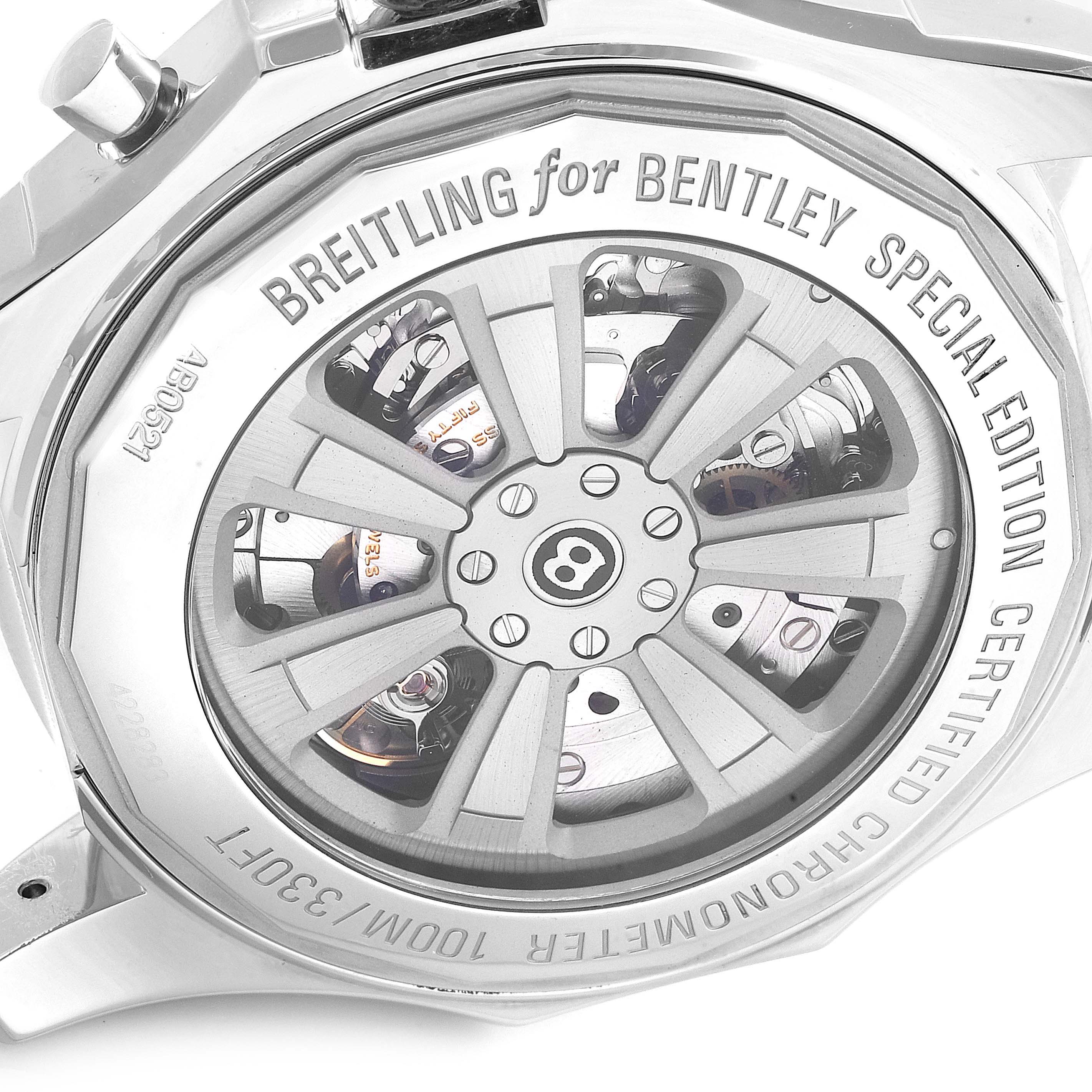 The image shows the back case of the Breitling Bentley AB0521U4/BC65-155S Men's Stainless Steel Black Dial AB0521U4/BC65-155S Men's Stainless Steel Black Dial model watch, detailing its rotor and inner mechanical components.