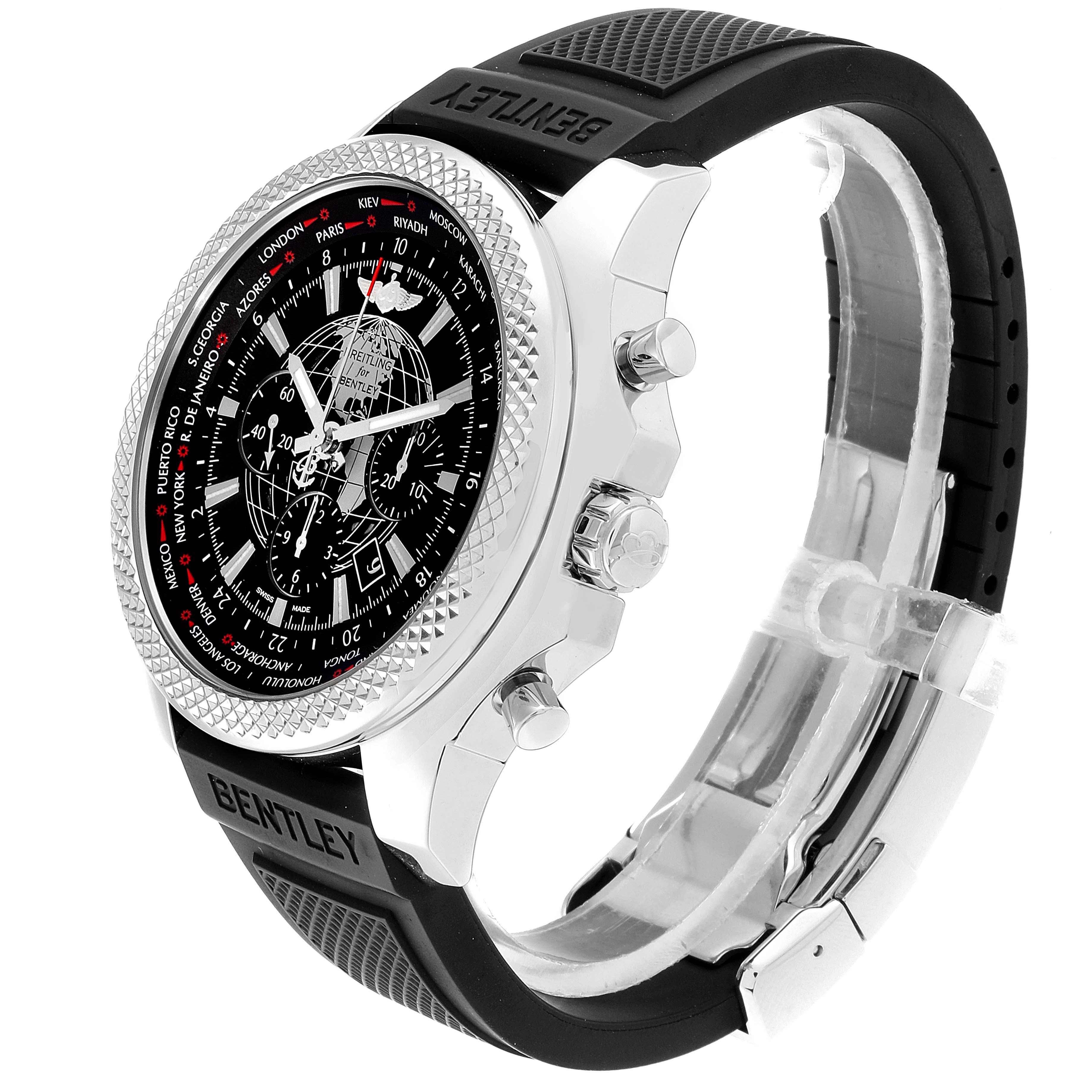 The image shows a side angle of the Breitling Bentley AB0521U4/BC65-155S Men's Stainless Steel Black Dial AB0521U4/BC65-155S Men's Stainless Steel Black Dial watch, displaying the face, bezels, crown, pushers, and strap.