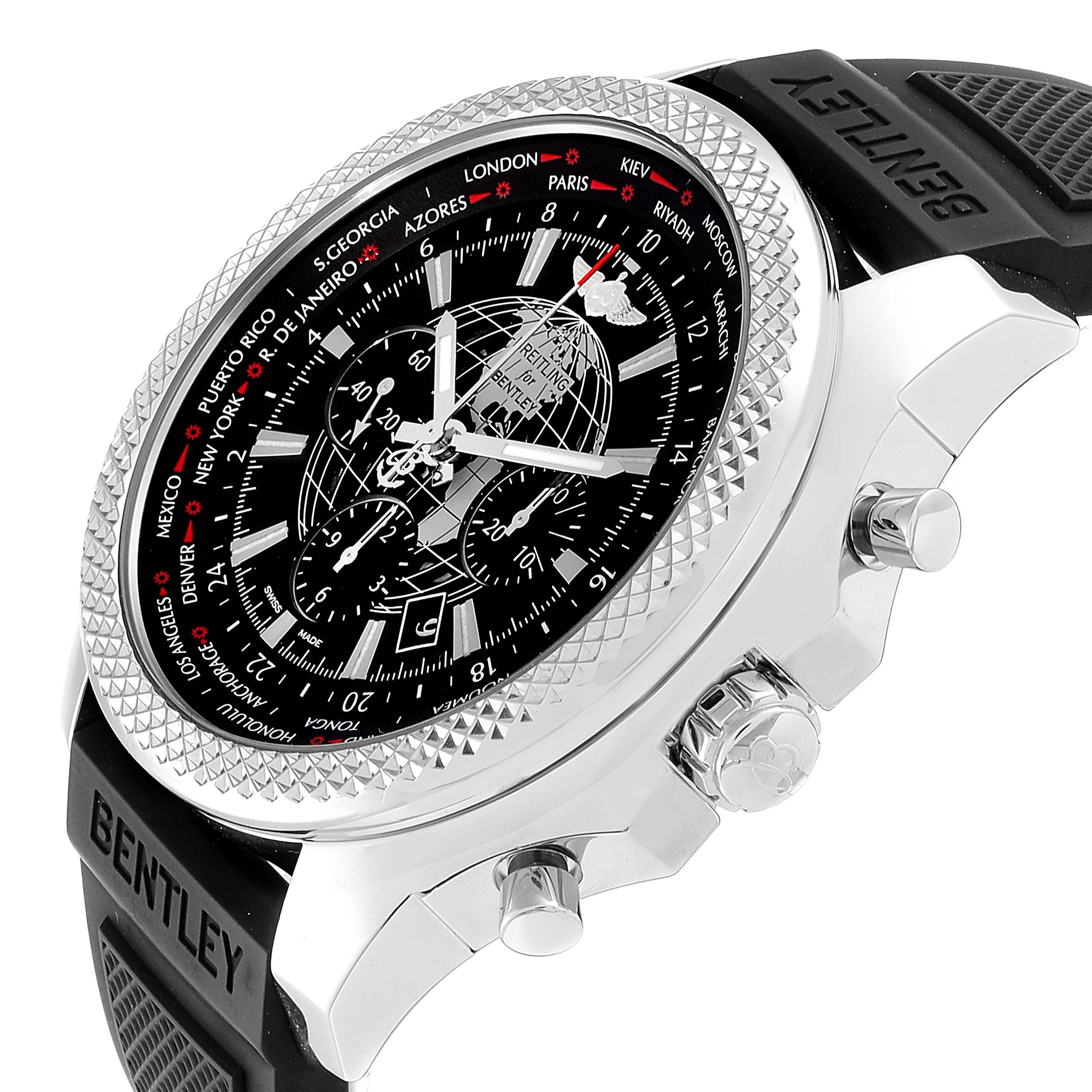 The Breitling Bentley AB0521U4/BC65-155S Men's Stainless Steel Black Dial AB0521U4/BC65-155S Men's Stainless Steel Black Dial watch is shown from a side angle highlighting the bezel, crown, chronograph buttons, and part of the strap.