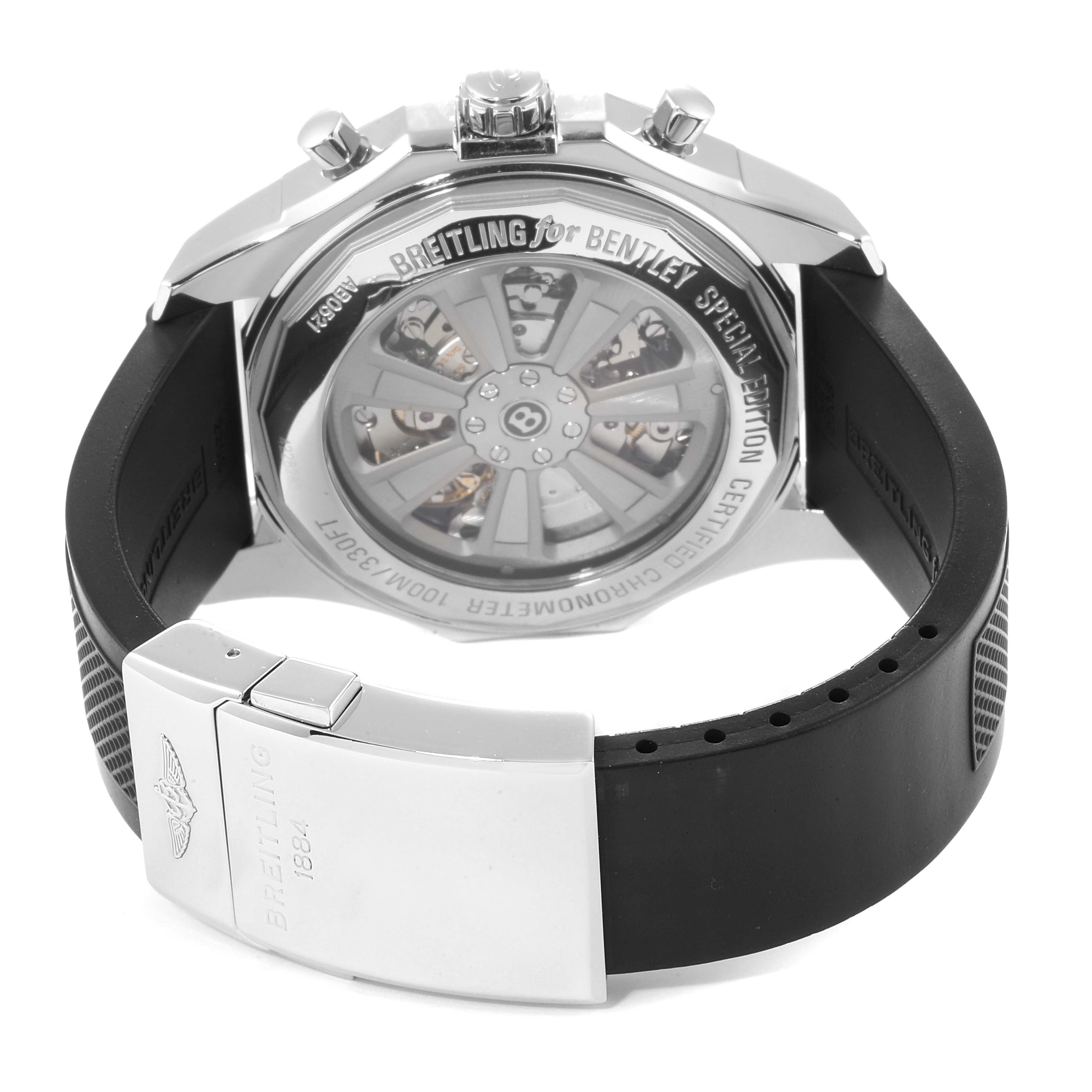 This image shows the back case, mechanism, and rubber strap with clasp of a Breitling Bentley AB0521U4/BC65-155S Men's Stainless Steel Black Dial AB0521U4/BC65-155S Men's Stainless Steel Black Dial watch.