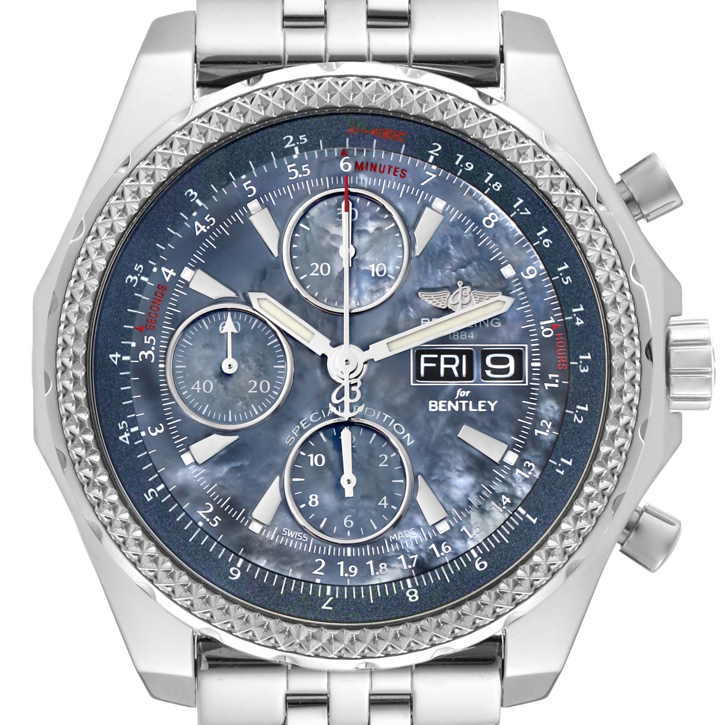 The Breitling Bentley A13362 Men
s Stainless Steel Mother of Pearl Dial A13362 Men
s Stainless Steel Mother of Pearl Dial watch is shown from a frontal angle, highlighting its detailed dial, subdials, bezel, and bracelet.