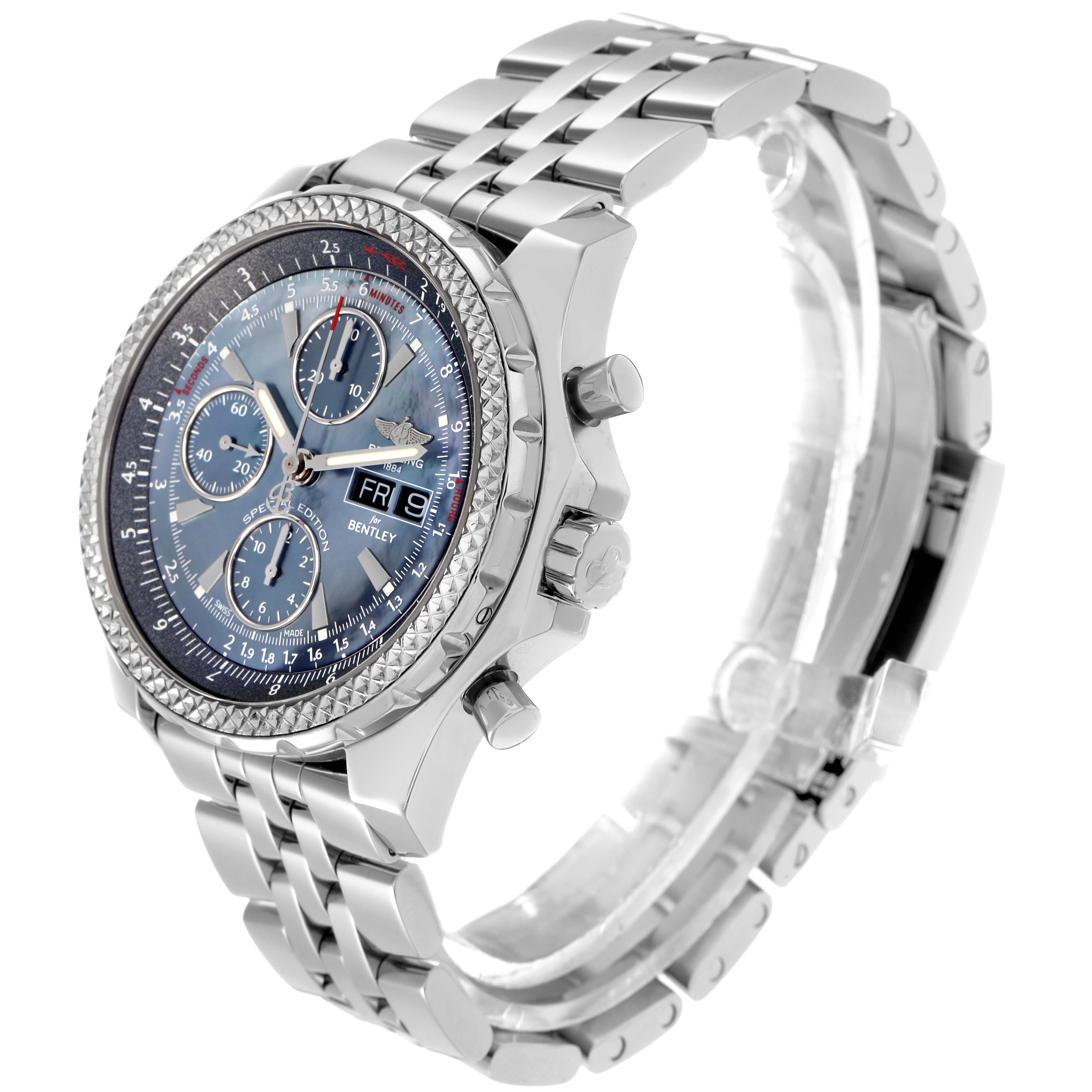 The Breitling Bentley A13362 Men
s Stainless Steel Mother of Pearl Dial A13362 Men
s Stainless Steel Mother of Pearl Dial watch is shown at a three-quarter angle, highlighting the dial, bracelet, bezel, and crown.