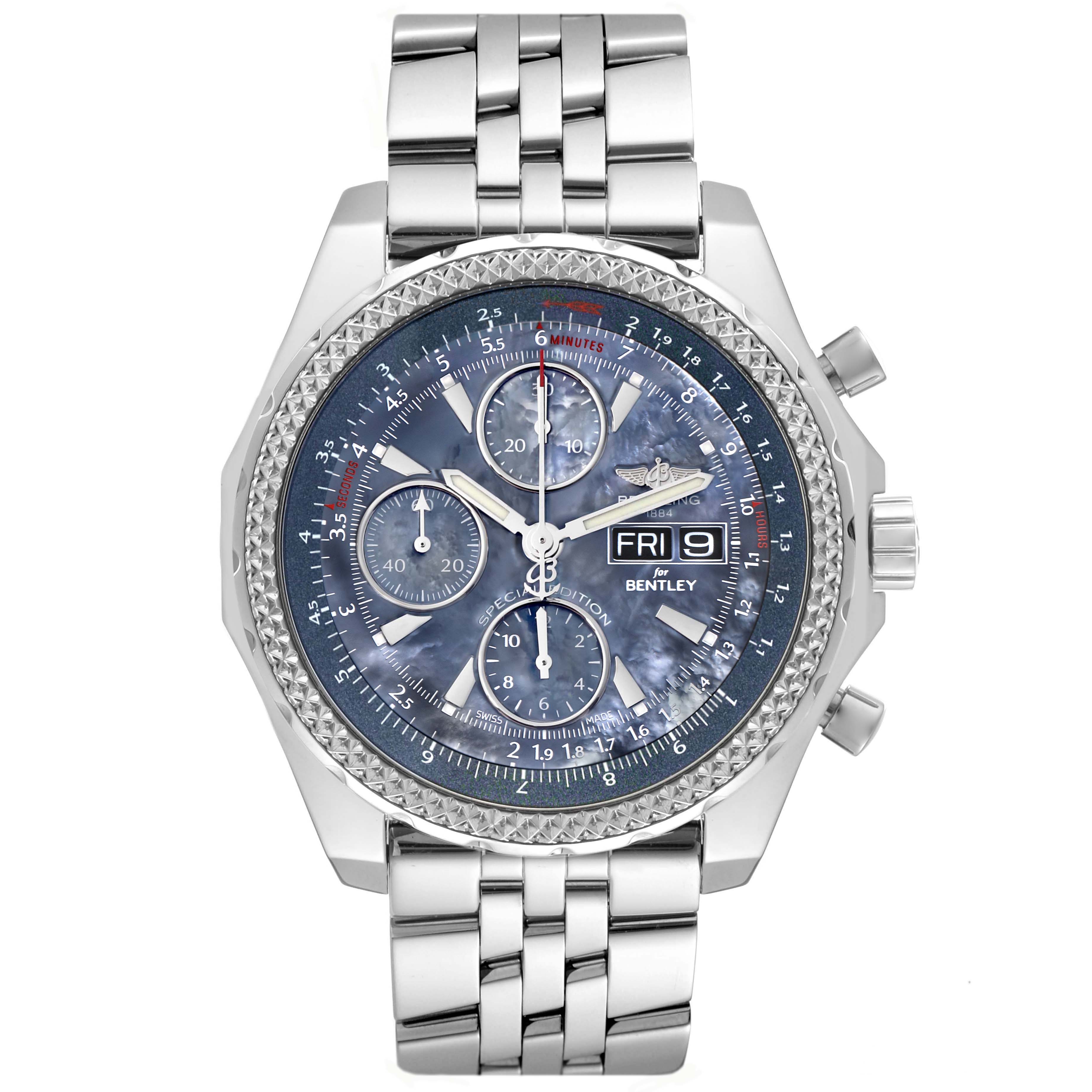 The Breitling Bentley A13362 Men
s Stainless Steel Mother of Pearl Dial A13362 Men
s Stainless Steel Mother of Pearl Dial watch is shown from a front angle, displaying the dial, bezel, and stainless steel bracelet.