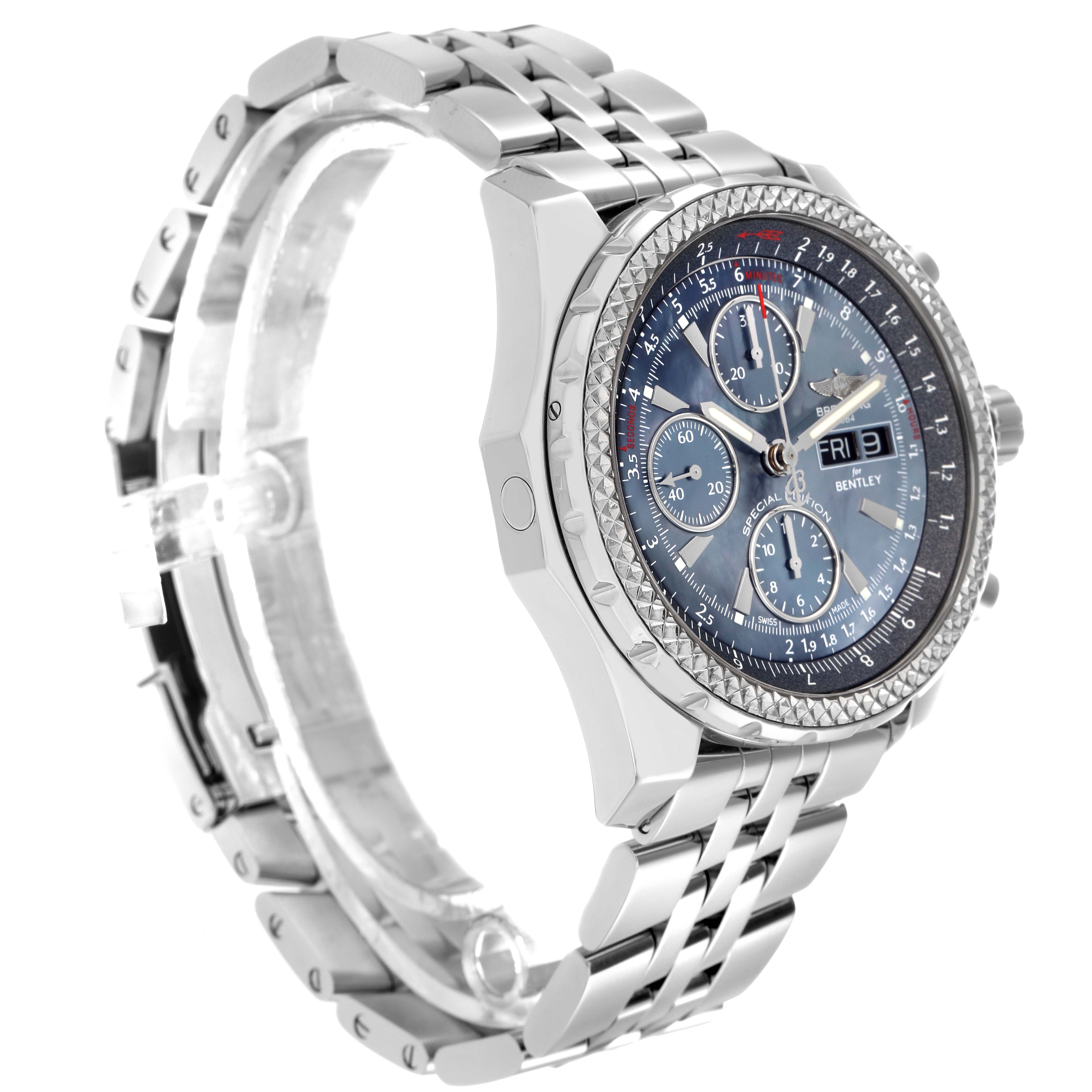 The Breitling Bentley A13362 Men
s Stainless Steel Mother of Pearl Dial A13362 Men
s Stainless Steel Mother of Pearl Dial watch is shown at a three-quarter angle, displaying the face, bezel, crown, and stainless steel bracelet.