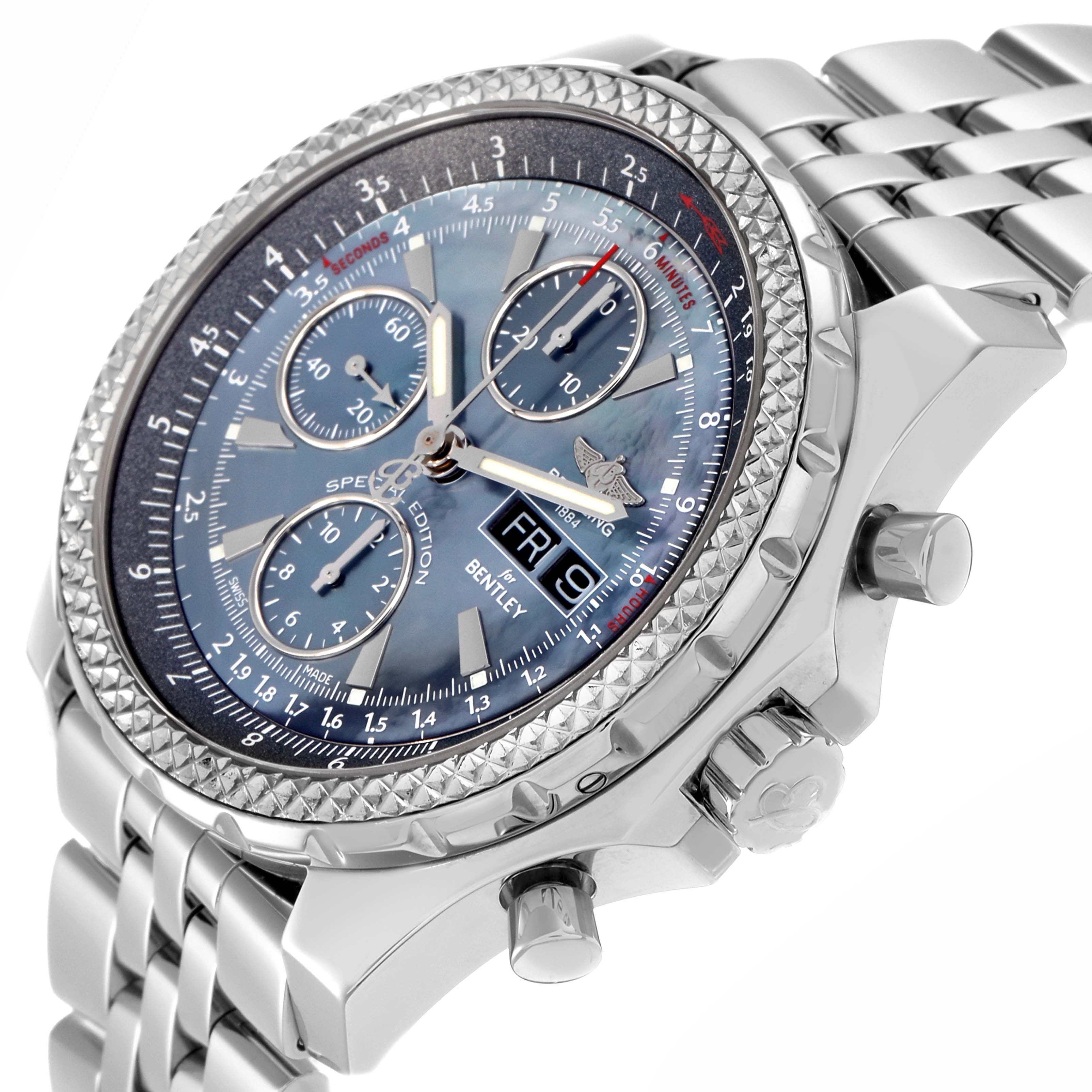 The Breitling Bentley A13362 Men
s Stainless Steel Mother of Pearl Dial A13362 Men
s Stainless Steel Mother of Pearl Dial watch is shown at an oblique angle displaying its face, bezel, crown, and bracelet links.