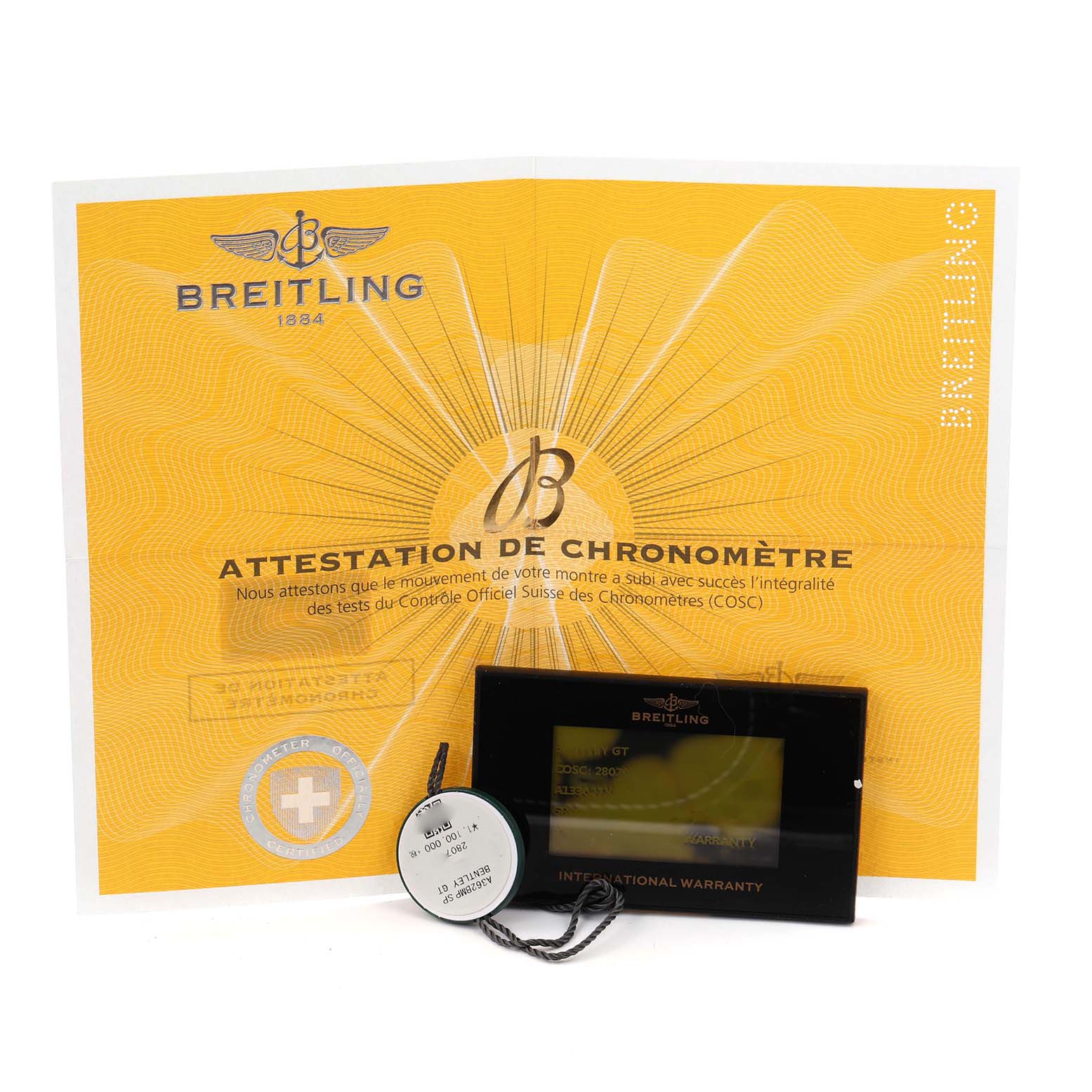The image shows a warranty card, chronometer certification, and a tag for the Breitling Bentley A13362 Men
s Stainless Steel Mother of Pearl Dial A13362 Men
s Stainless Steel Mother of Pearl Dial watch model.
