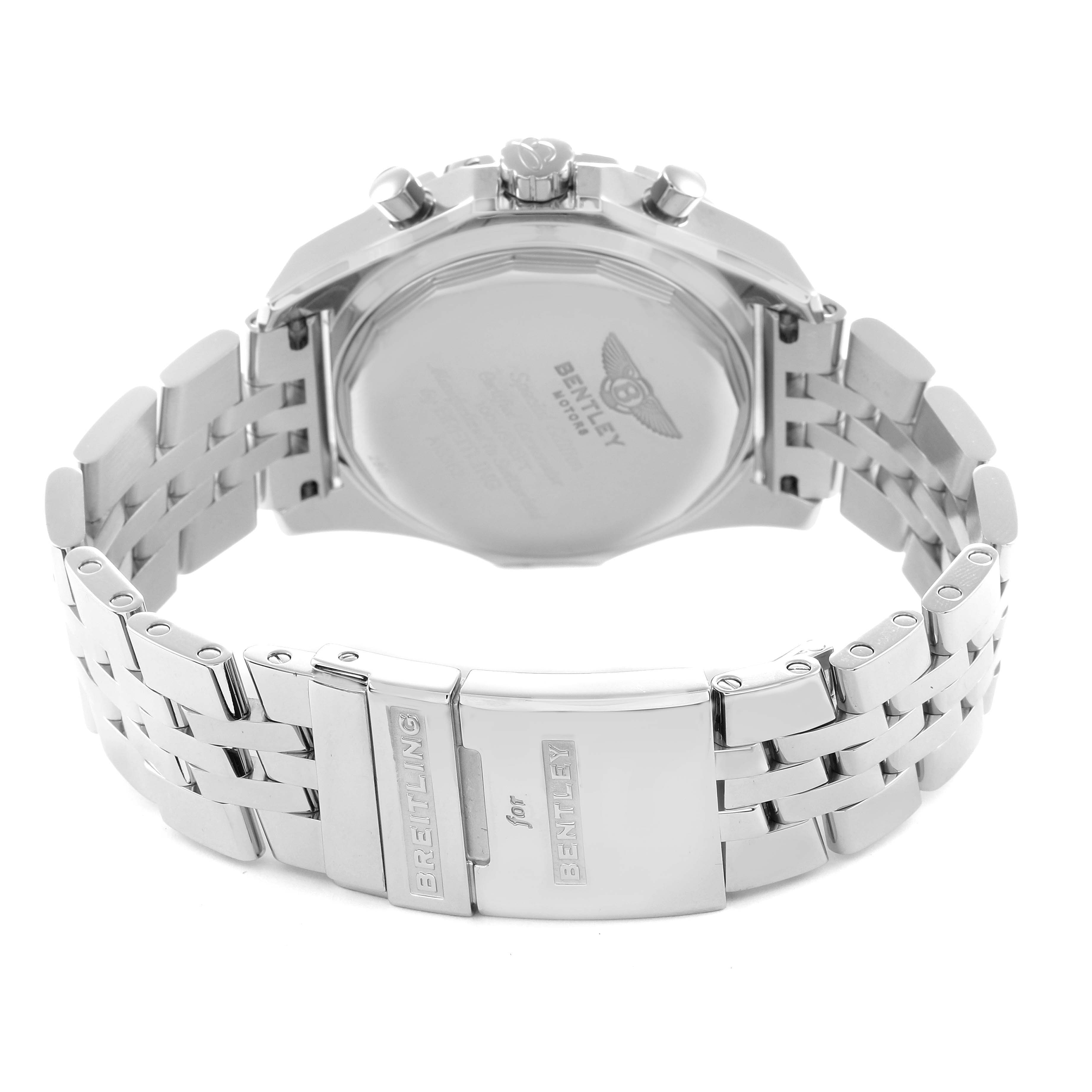The image shows the back of a Breitling Bentley A13362 Men
s Stainless Steel Mother of Pearl Dial A13362 Men
s Stainless Steel Mother of Pearl Dial watch, highlighting the bracelet and clasp with the engraved branding.