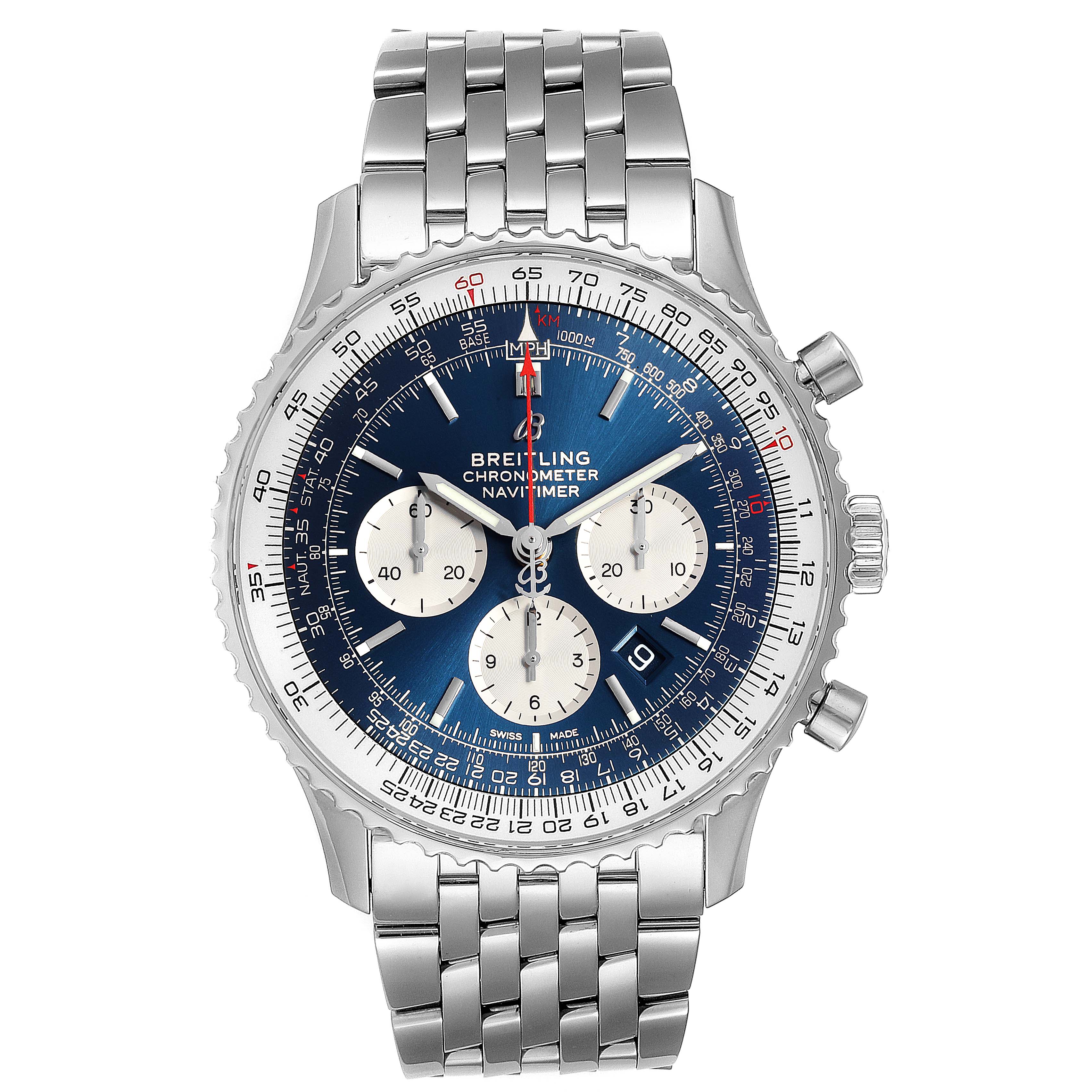 The image shows a front view of the Breitling Navitimer AB0127211C1A1 Men's Stainless Steel Blue Dial AB0127211C1A1 Men's Stainless Steel Blue Dial watch, including the face, bezel, and metal bracelet.