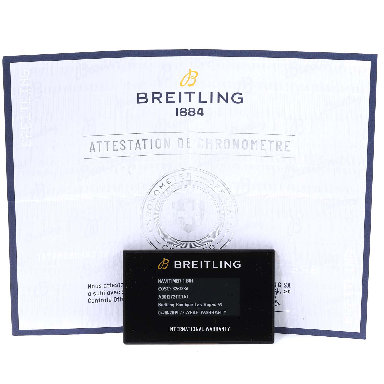 The image shows a Breitling Navitimer AB0127211C1A1 Men's Stainless Steel Blue Dial AB0127211C1A1 Men's Stainless Steel Blue Dial warranty card and certificate, displayed upright.