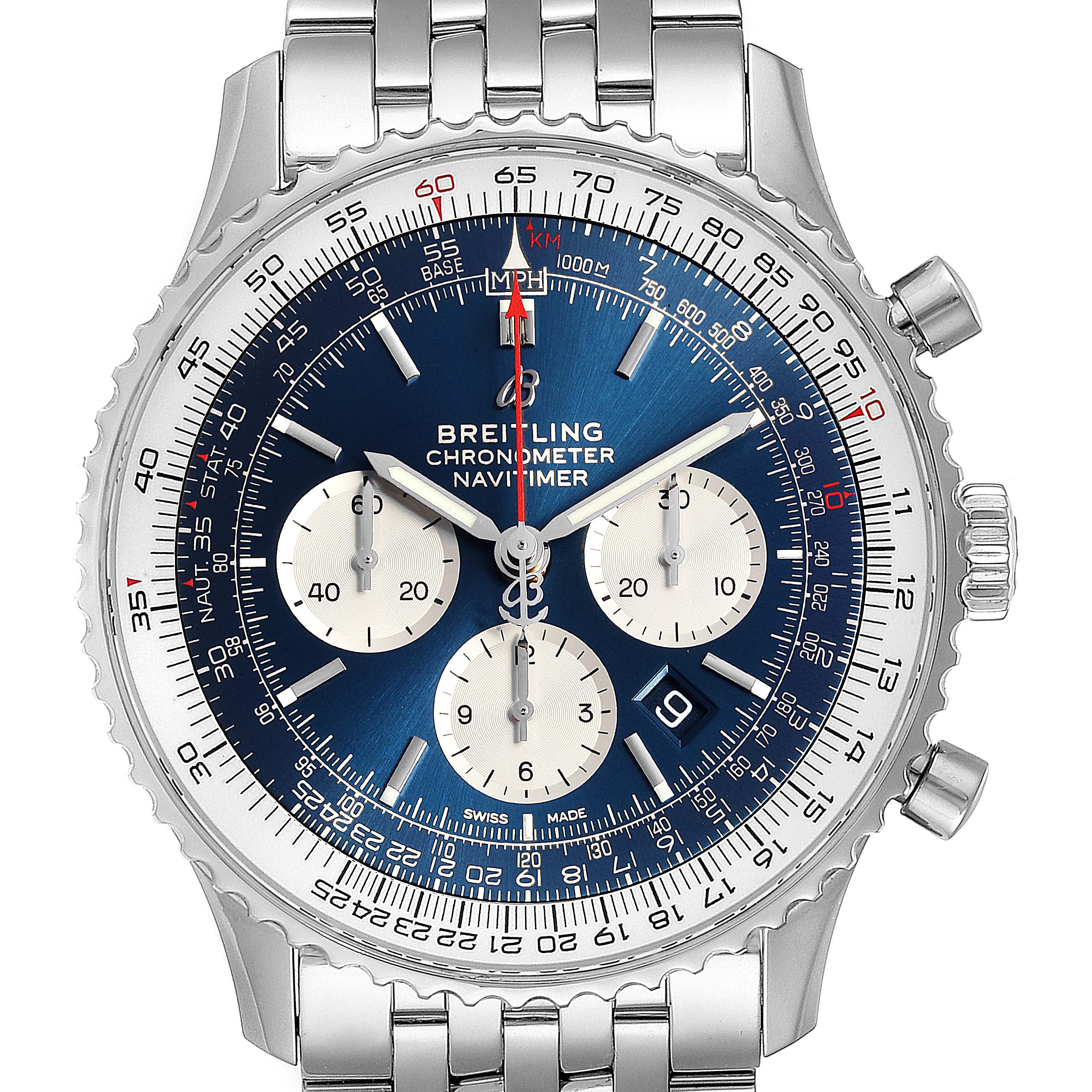 This image shows a front view of a Breitling Navitimer AB0127211C1A1 Men's Stainless Steel Blue Dial AB0127211C1A1 Men's Stainless Steel Blue Dial watch, featuring a blue dial and silver-colored bracelet.