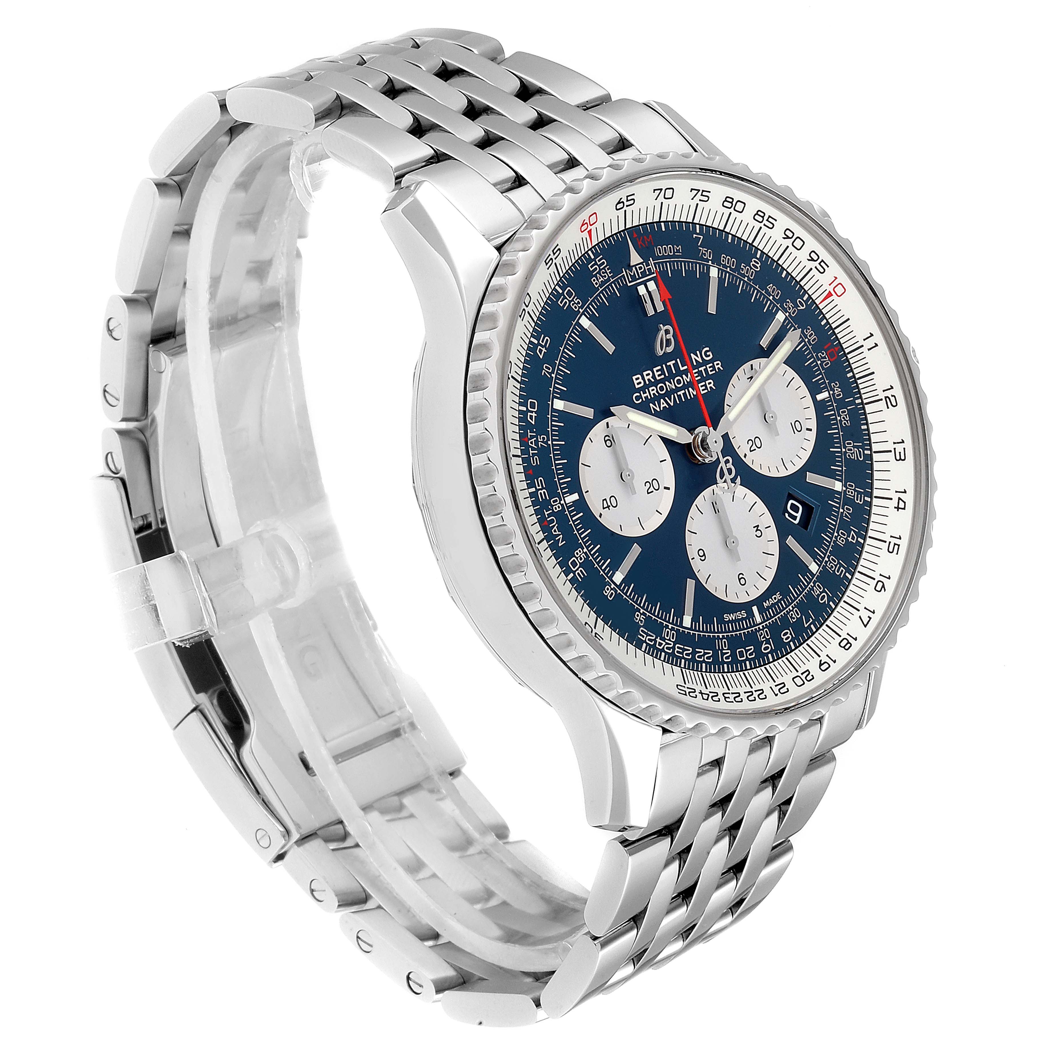 The Breitling Navitimer AB0127211C1A1 Men's Stainless Steel Blue Dial AB0127211C1A1 Men's Stainless Steel Blue Dial watch is shown at a side angle, highlighting its blue dial, subdials, and metal bracelet.