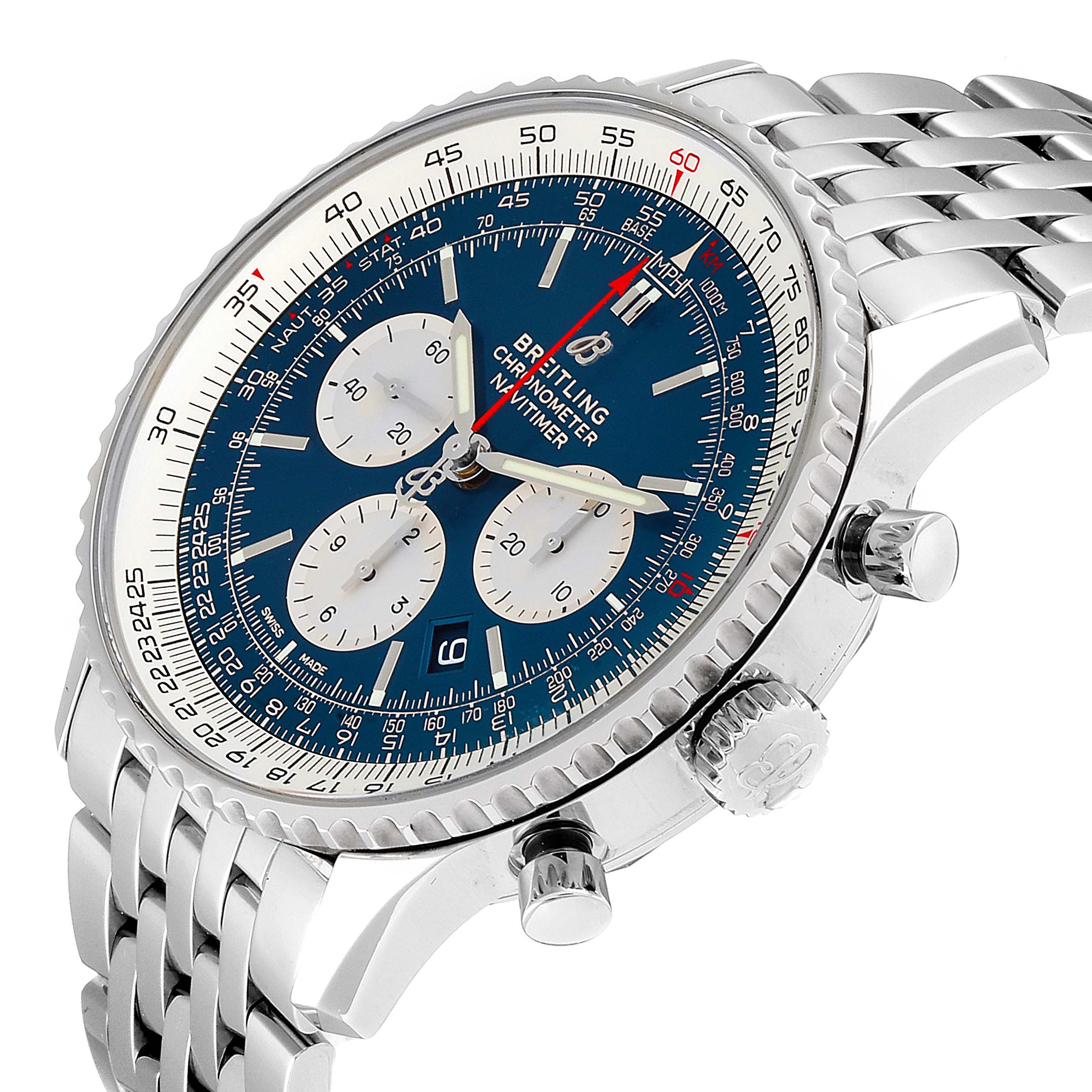This image shows a Breitling Navitimer AB0127211C1A1 Men's Stainless Steel Blue Dial AB0127211C1A1 Men's Stainless Steel Blue Dial watch at an angle highlighting the dial, bezel, crown, and bracelet.