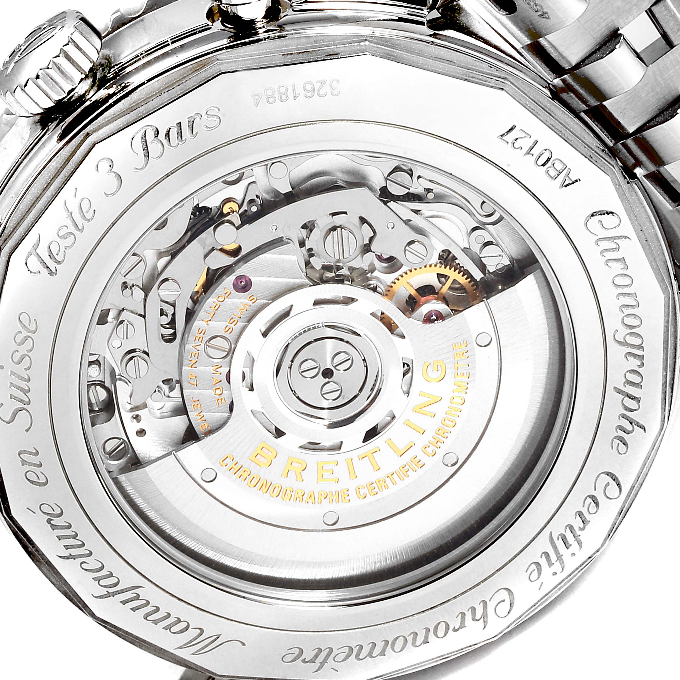 The image shows the back view of a Breitling Navitimer AB0127211C1A1 Men's Stainless Steel Blue Dial AB0127211C1A1 Men's Stainless Steel Blue Dial watch, revealing intricate mechanical parts within a transparent case.