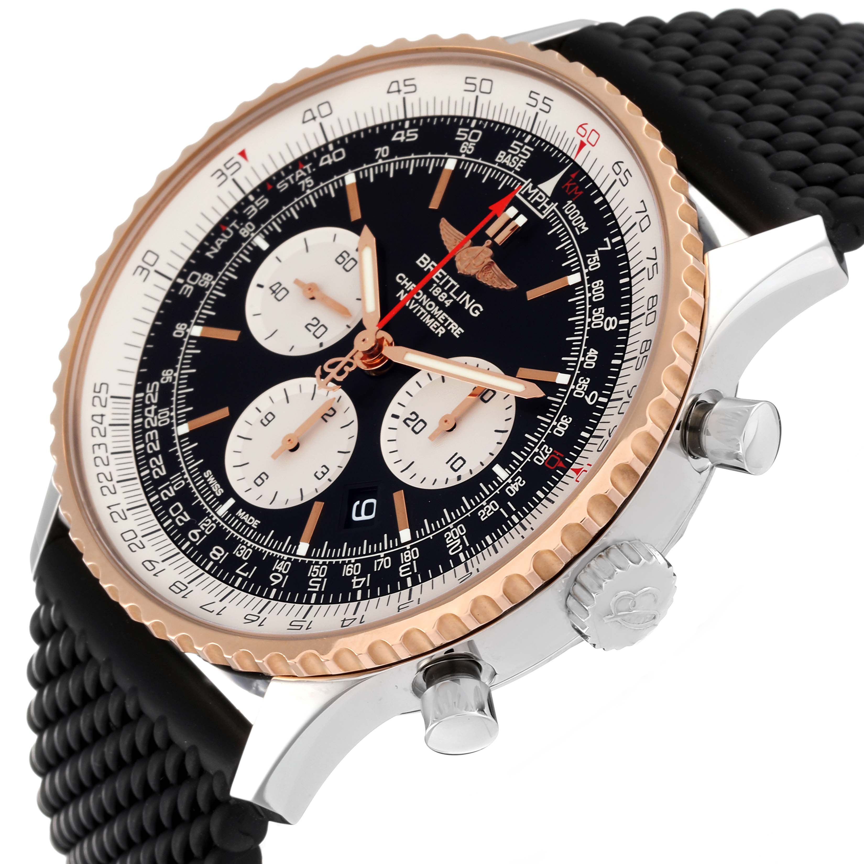 This image shows a side angle of a Breitling Navitimer UB0127 Men
s Steel and Gold (two tone) Black Dial UB0127 Men
s Steel and Gold (two tone) Black Dial watch, highlighting the bezel, subdials, and crown.
