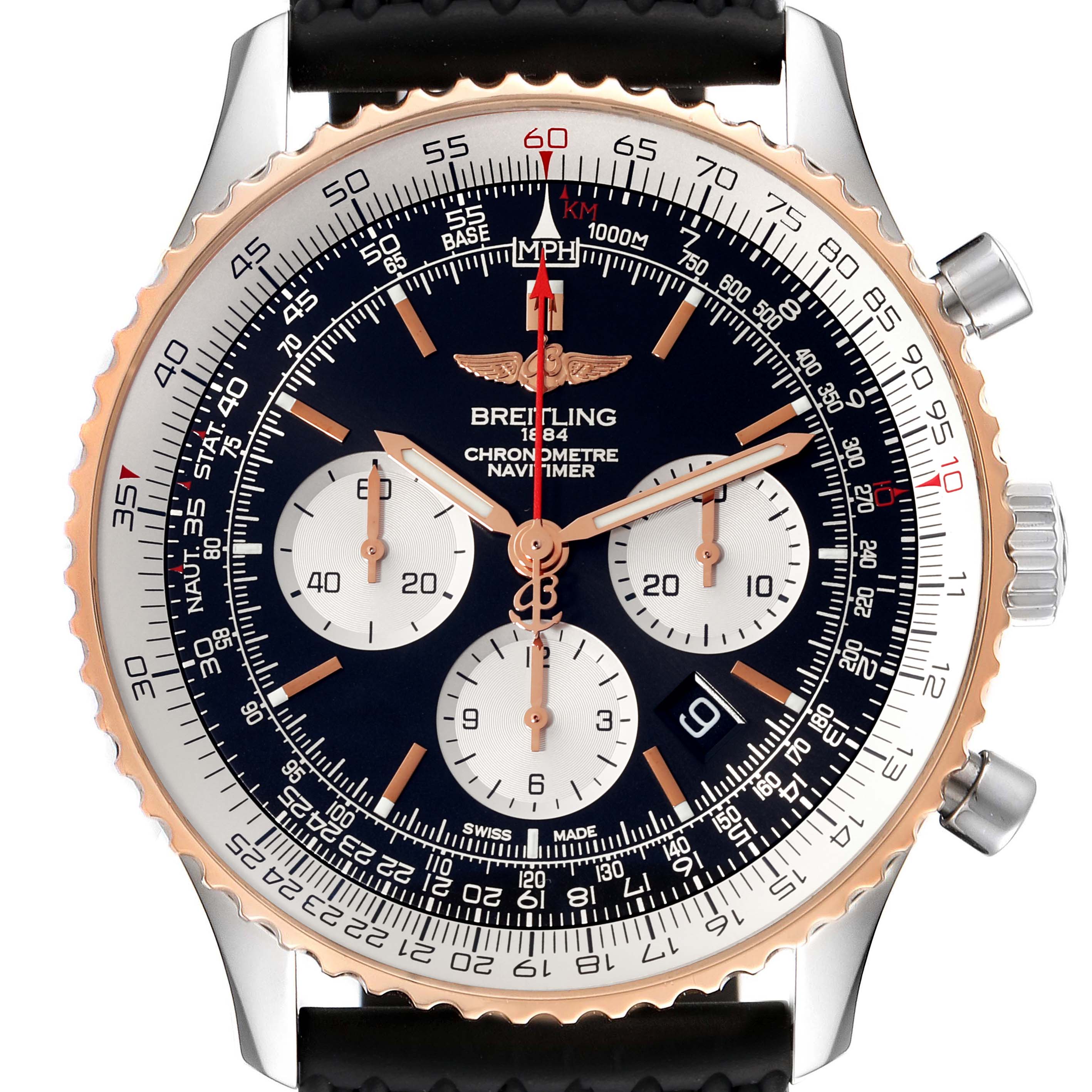 This image shows a close-up front view of the Breitling Navitimer UB0127 Men
s Steel and Gold (two tone) Black Dial UB0127 Men
s Steel and Gold (two tone) Black Dial watch, displaying its face, bezel, and chronograph dials.