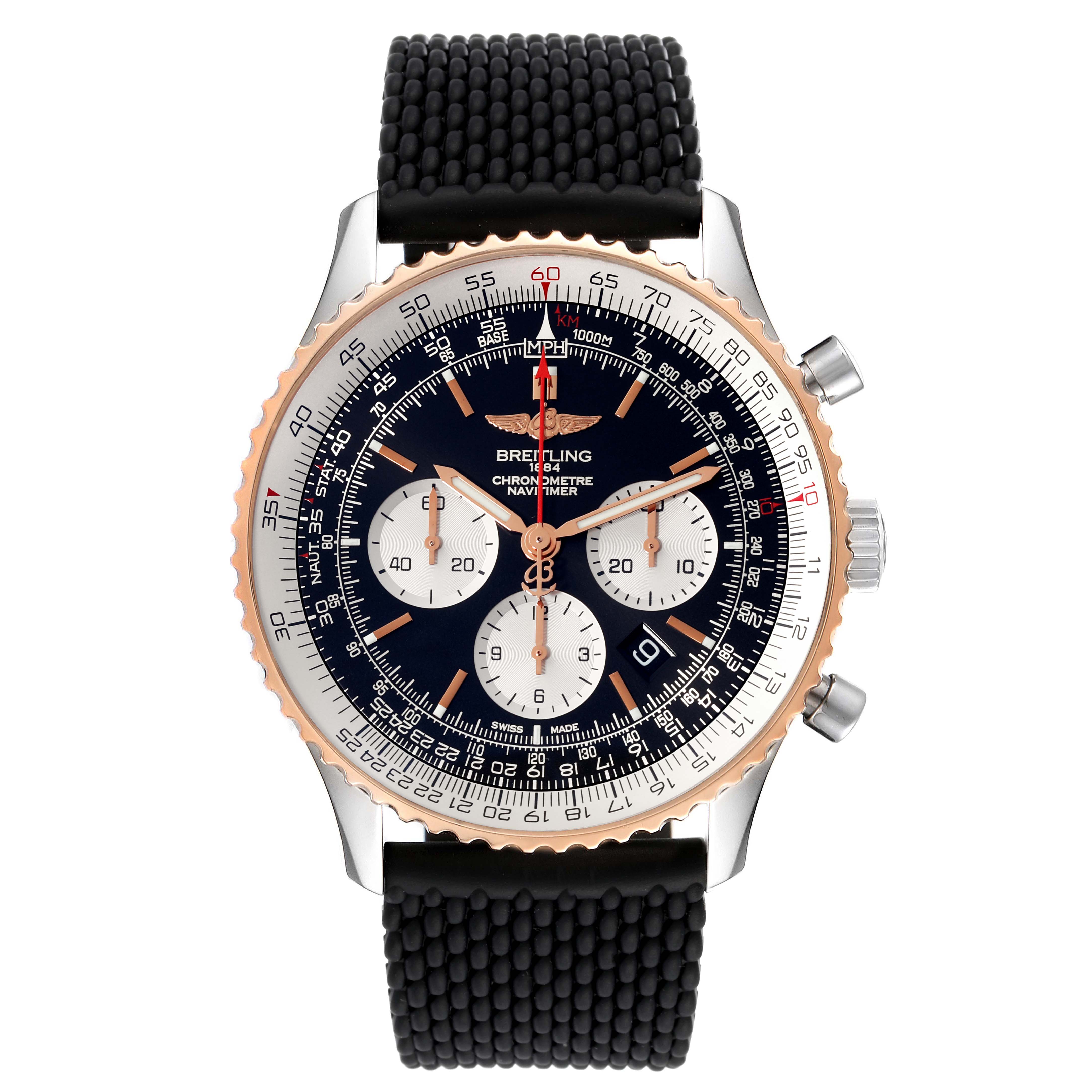 The image shows a front view of a Breitling Navitimer UB0127 Men
s Steel and Gold (two tone) Black Dial UB0127 Men
s Steel and Gold (two tone) Black Dial watch, detailing its dial, bezel, and black strap.