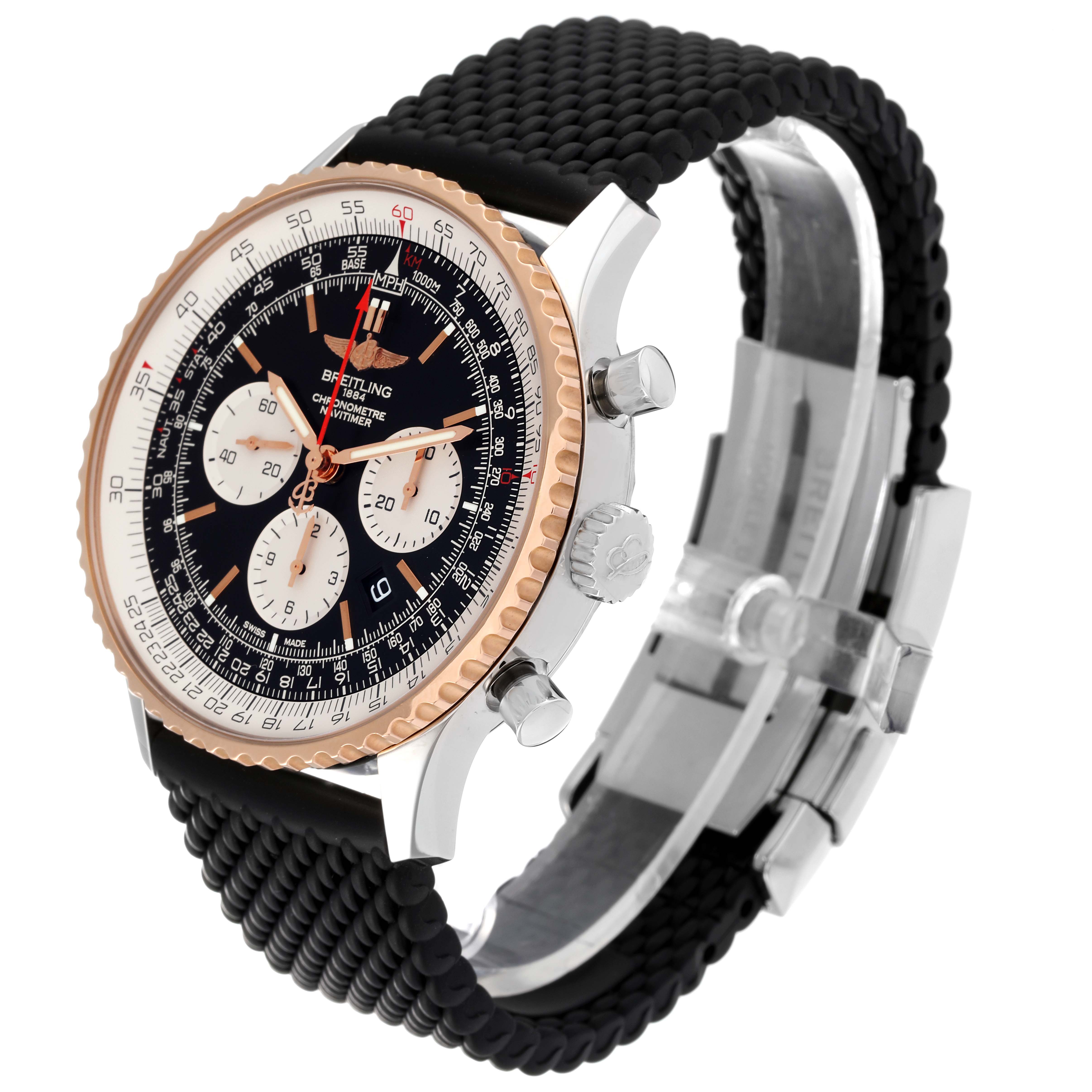 The Breitling Navitimer UB0127 Men
s Steel and Gold (two tone) Black Dial UB0127 Men
s Steel and Gold (two tone) Black Dial watch is shown at a three-quarter angle, displaying the face, crown, pushers, and part of the strap and clasp.