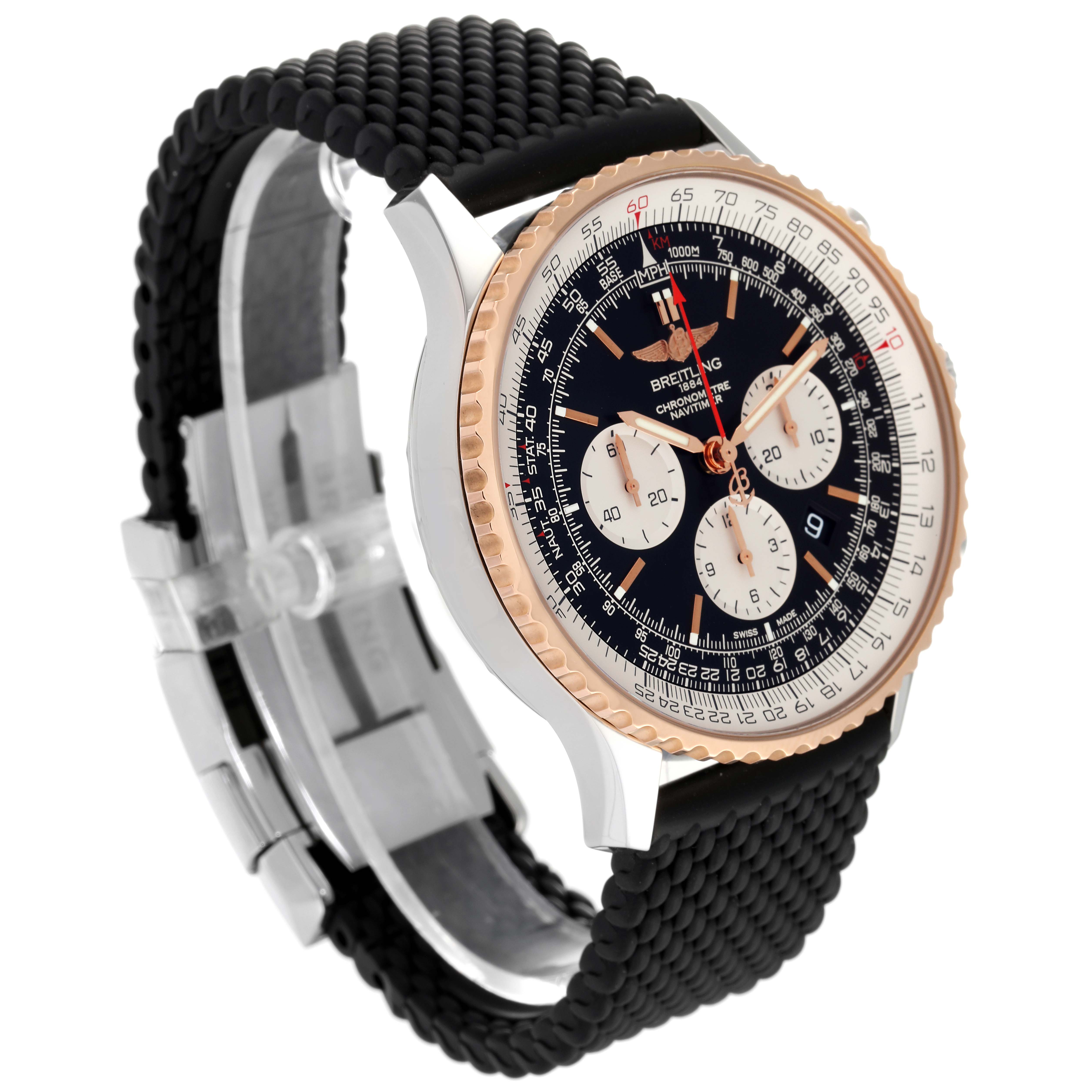 The image shows a Breitling Navitimer UB0127 Men
s Steel and Gold (two tone) Black Dial UB0127 Men
s Steel and Gold (two tone) Black Dial watch at an angled side view, highlighting the face, bezel, and black strap.